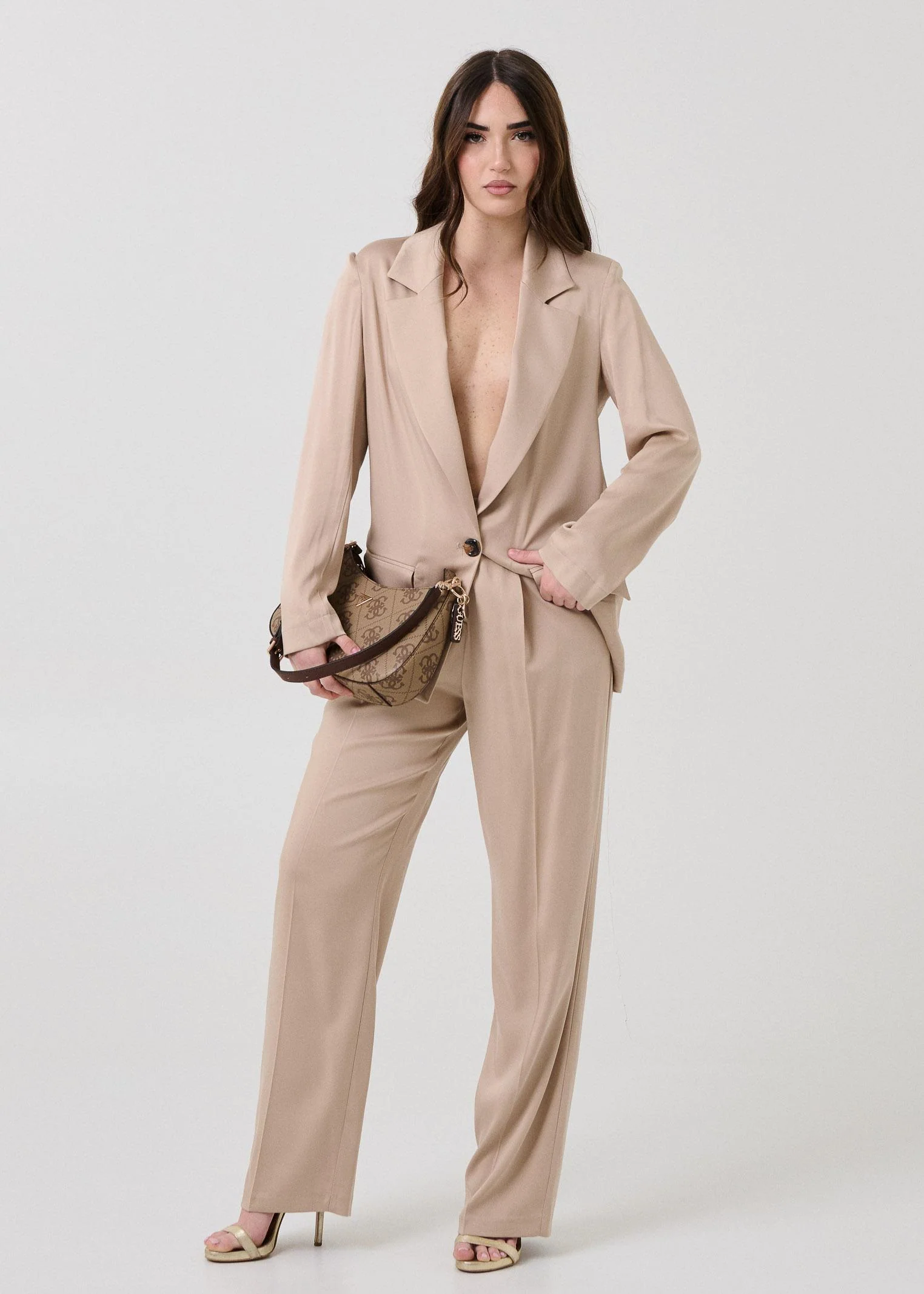 Pantalone a vita alta Armoire beige con pinces - Image 4