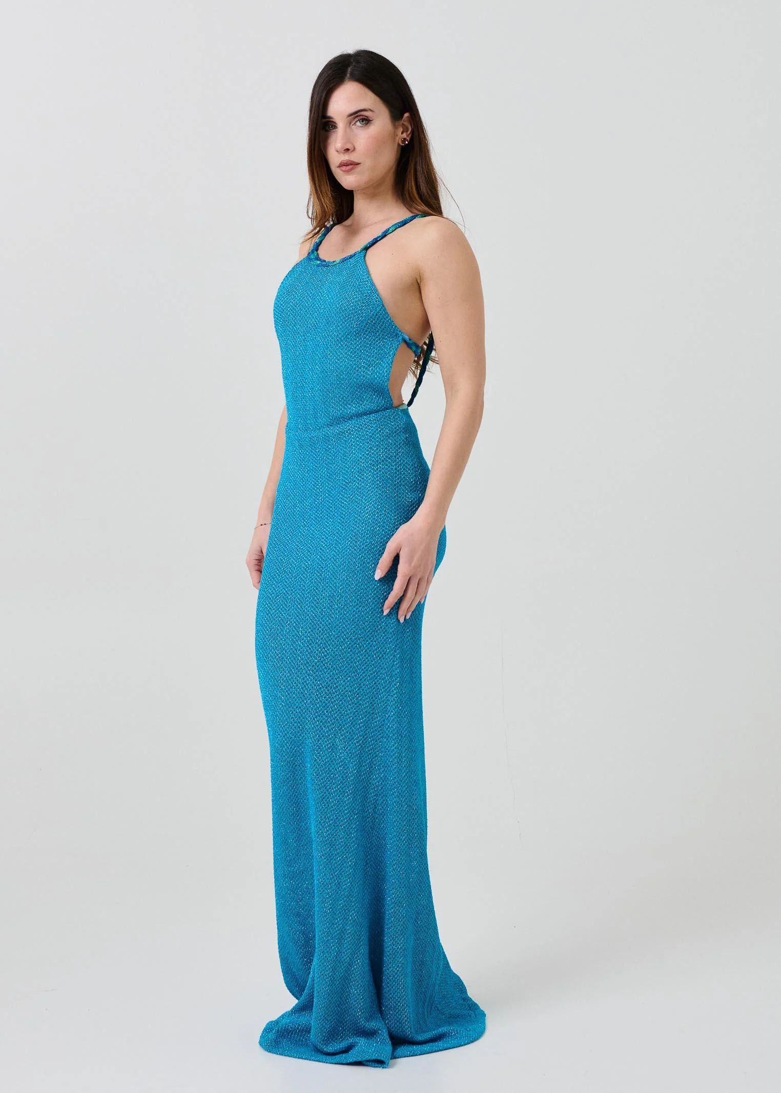 Abito lungo Pho Firenze azzurro a sirena con spalline intrecciate - Image 2
