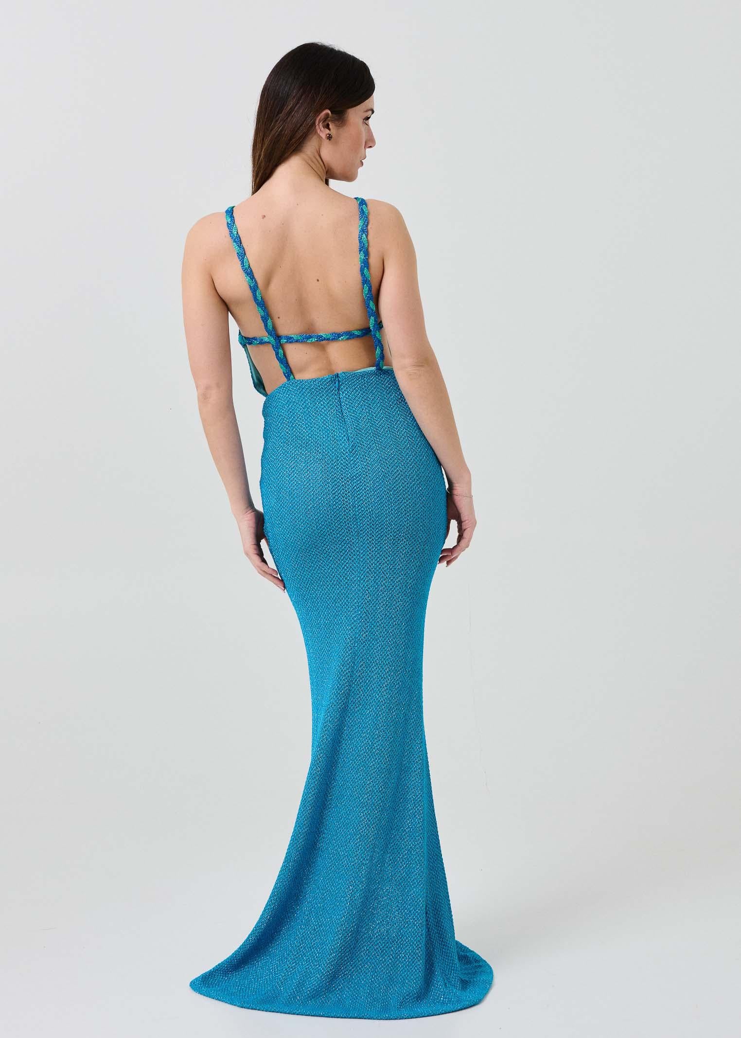 Abito lungo Pho Firenze azzurro a sirena con spalline intrecciate - Image 3