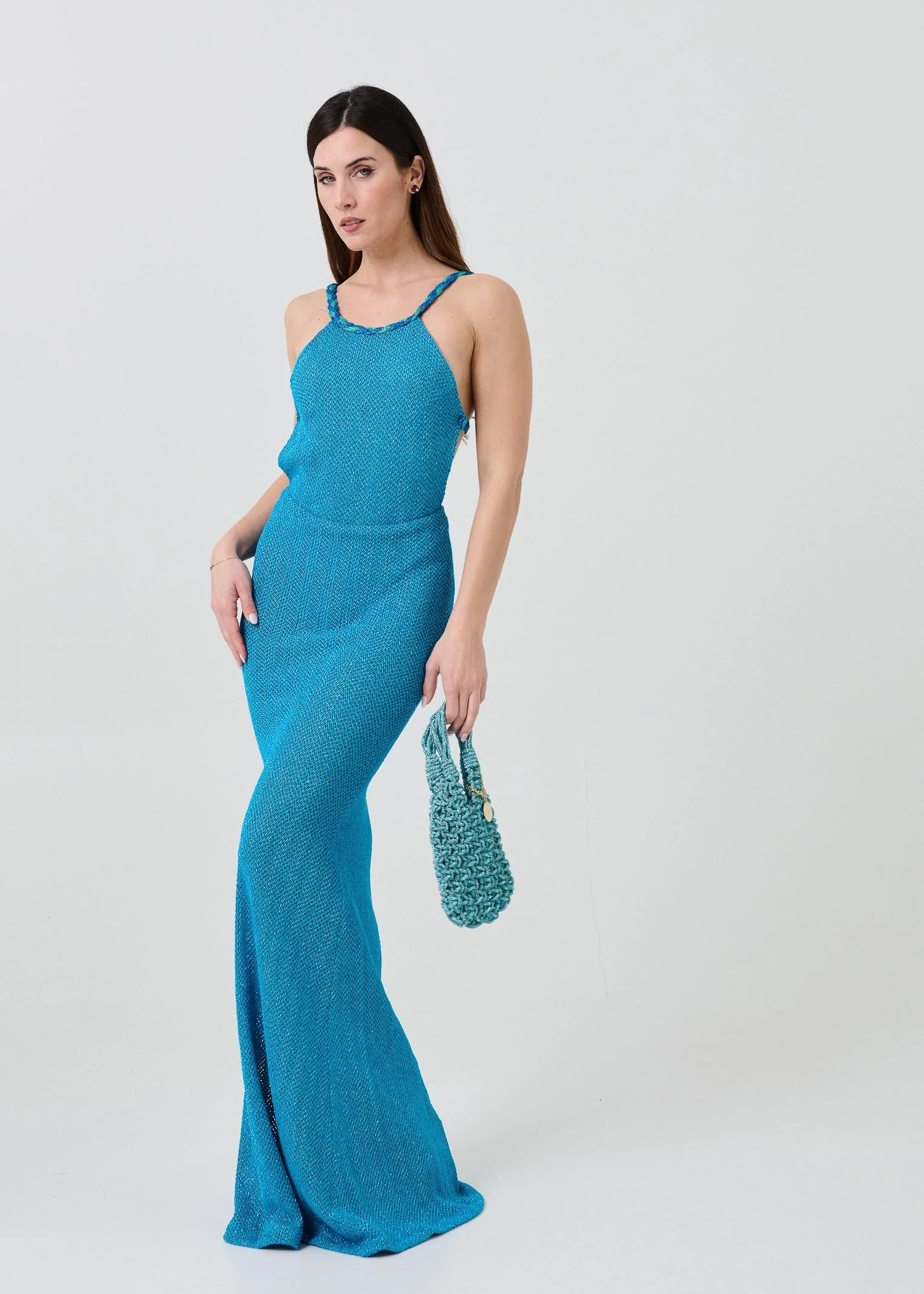 Abito lungo Pho Firenze azzurro a sirena con spalline intrecciate - Image 4