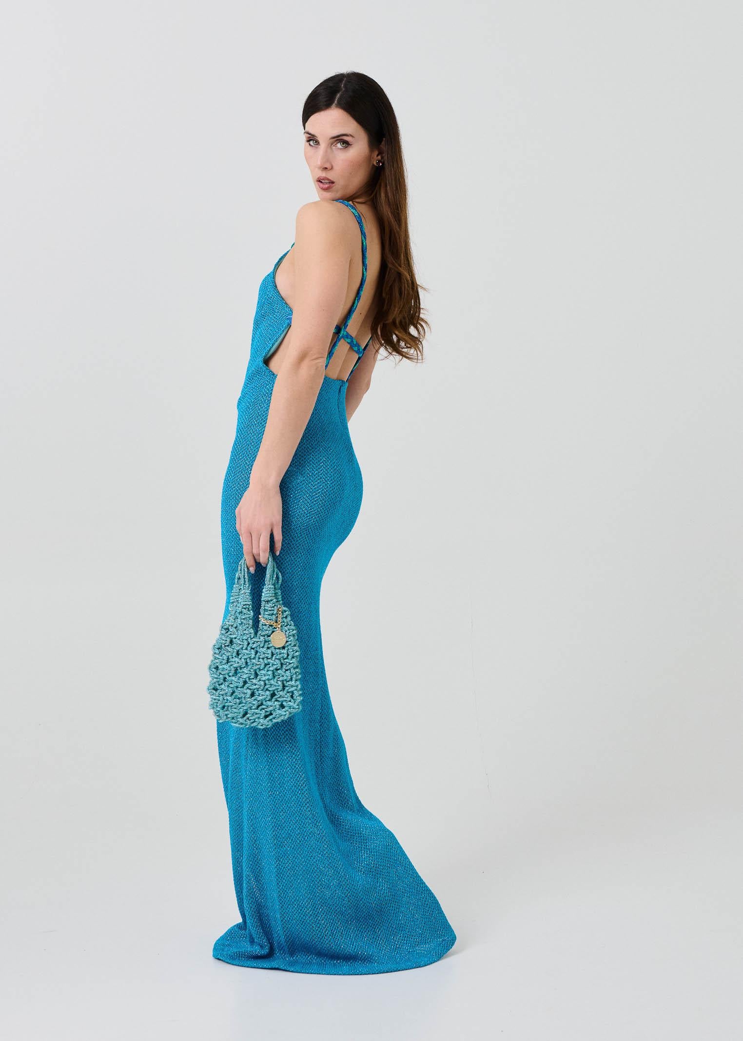 Abito lungo Pho Firenze azzurro a sirena con spalline intrecciate - Image 5