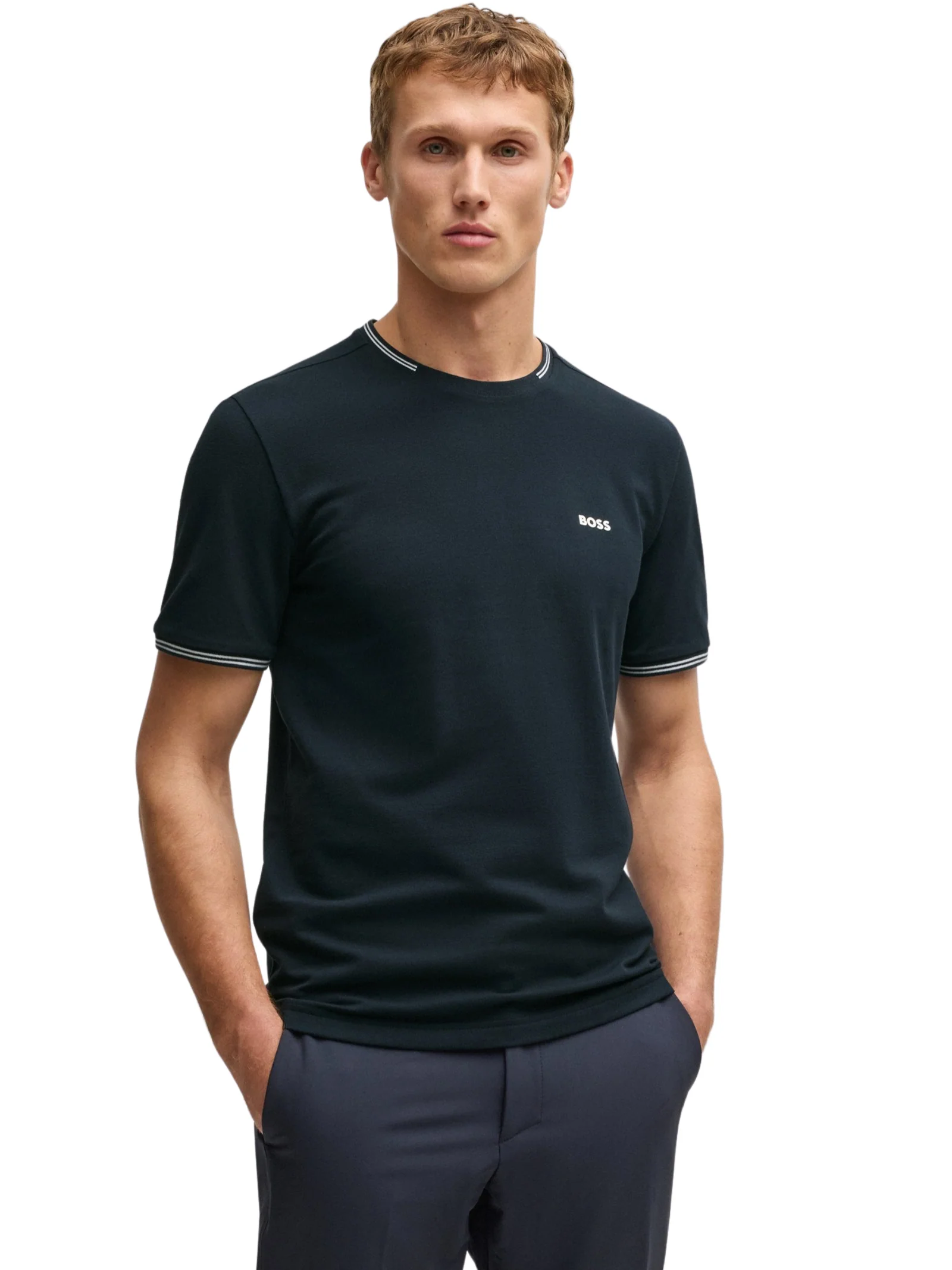 T-Shirt Boss blu con dettagli a righe e logo - Image 2