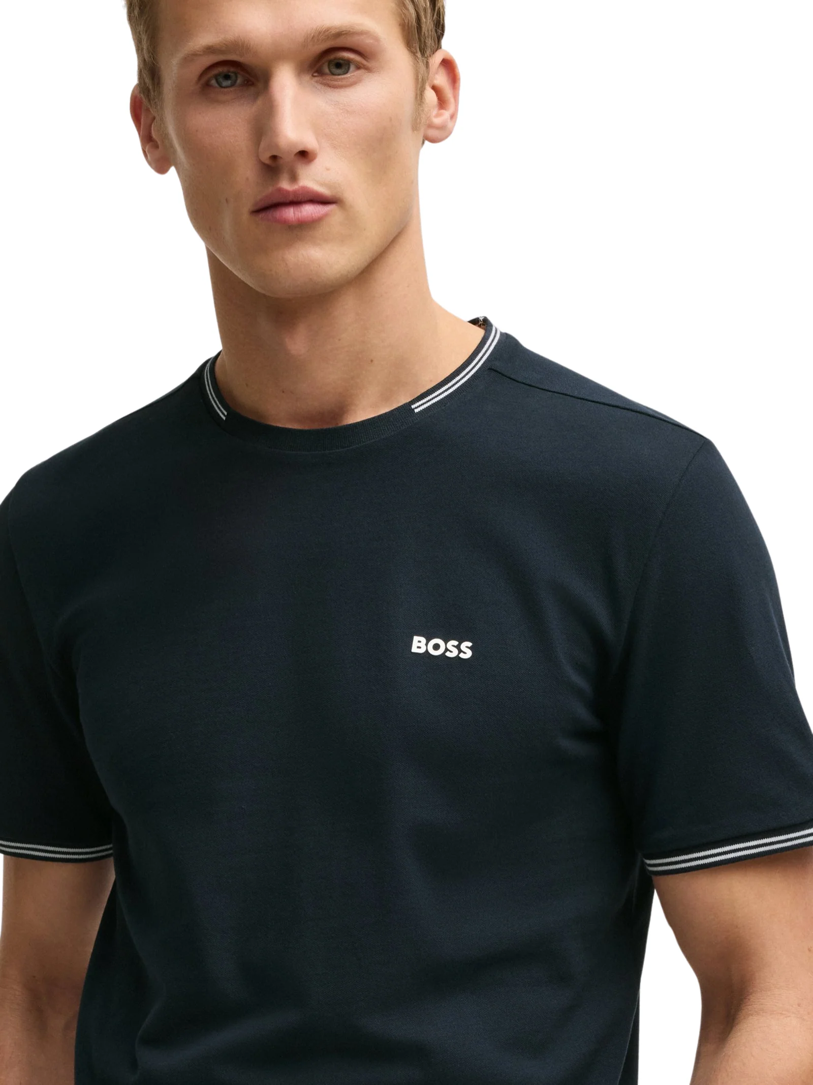 T-Shirt Boss blu con dettagli a righe e logo - Image 4