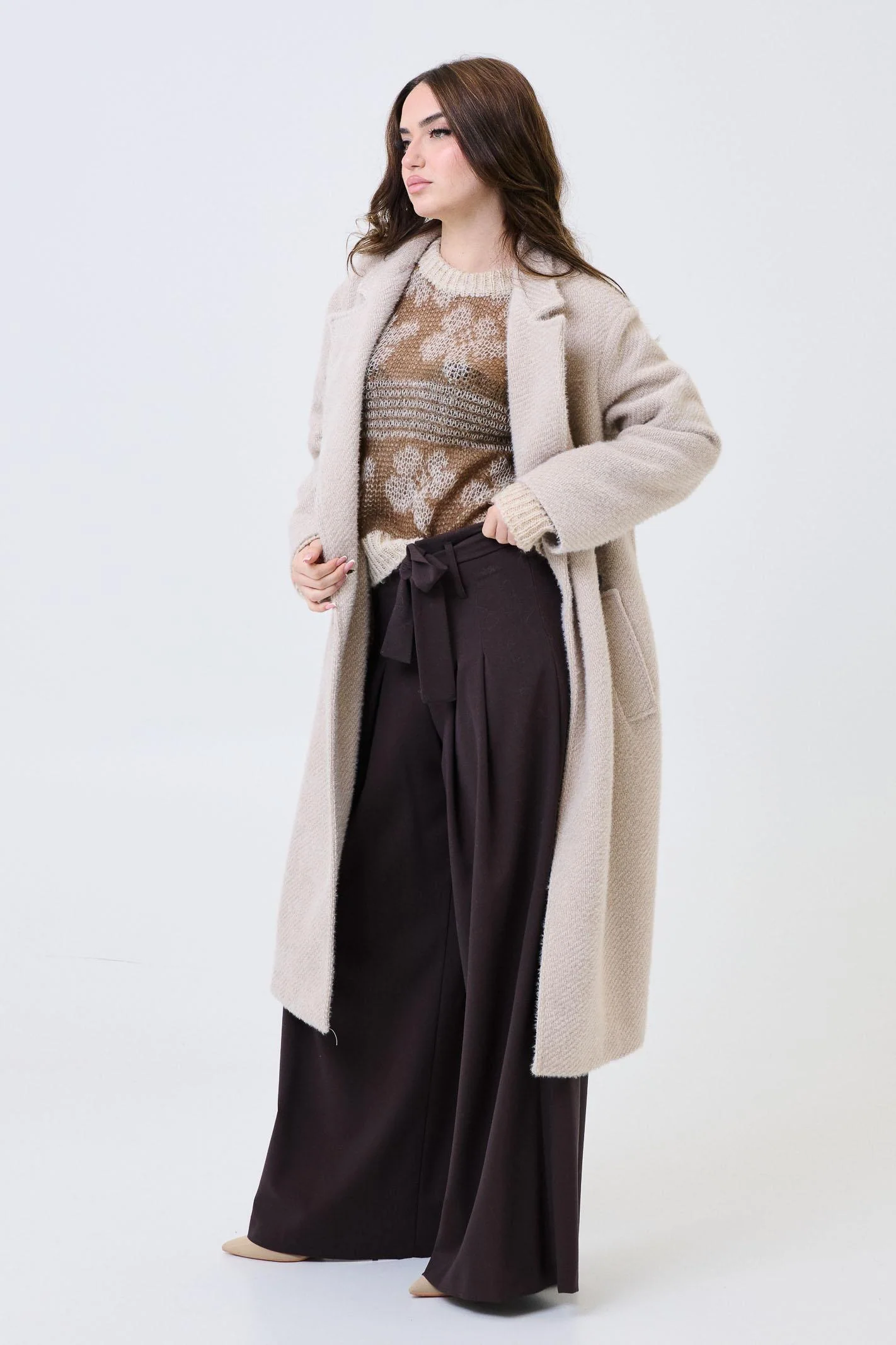Cappotto lungo Armoire beige effetto bouclé - Image 2