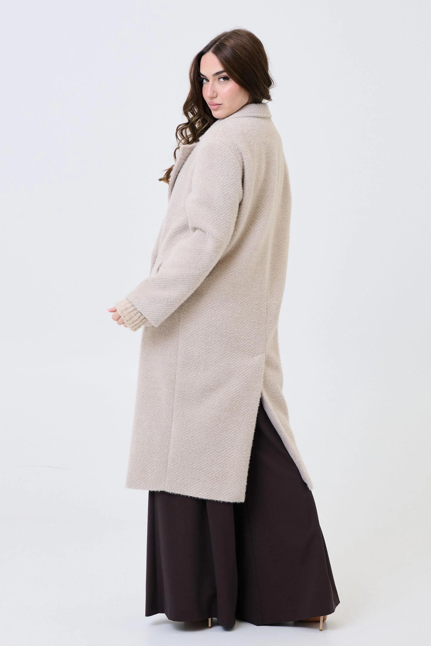 Cappotto lungo Armoire beige effetto bouclé - Image 3