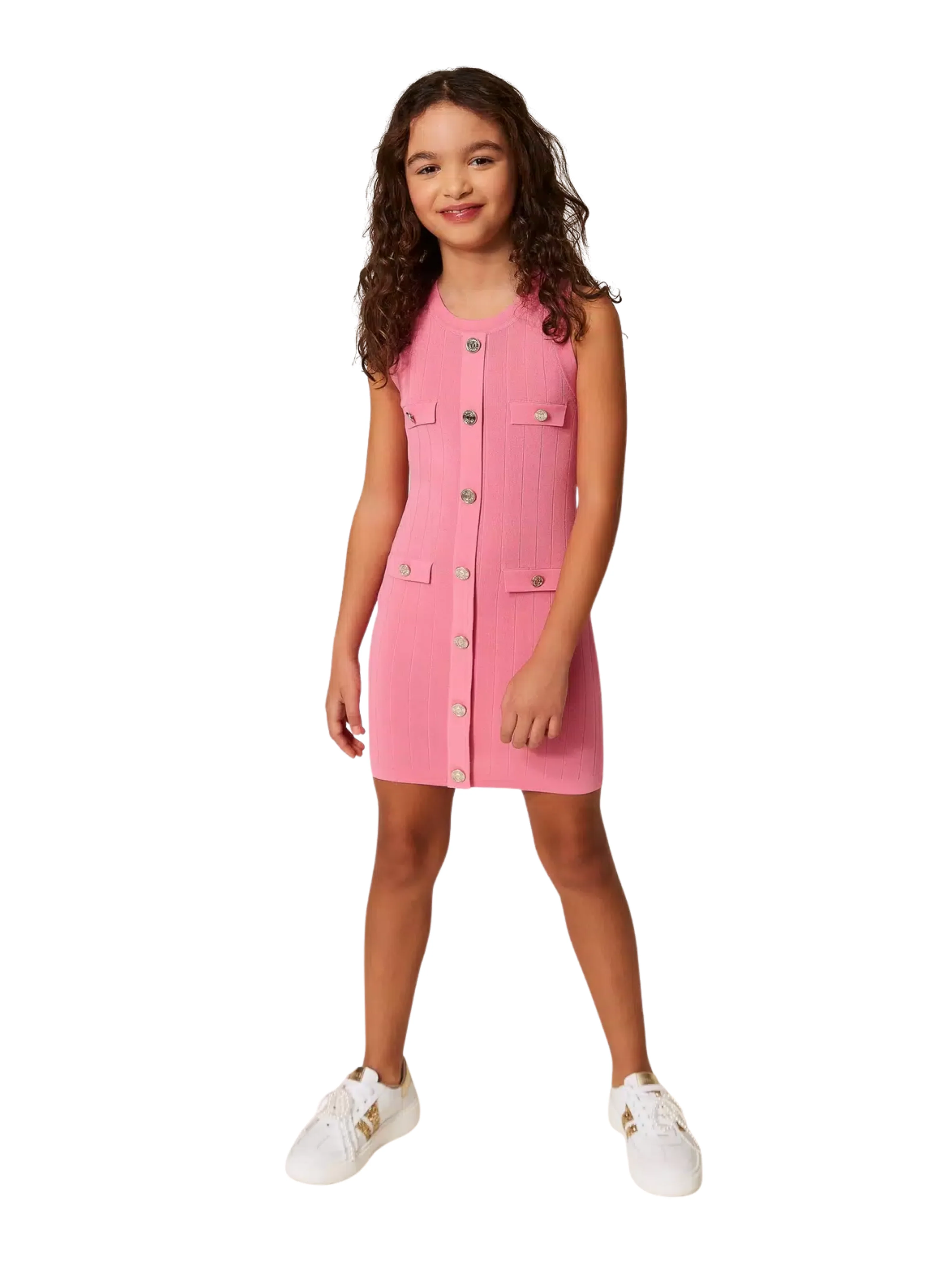 Abito corto Twinset rosa in maglia con bottoni - Image 3