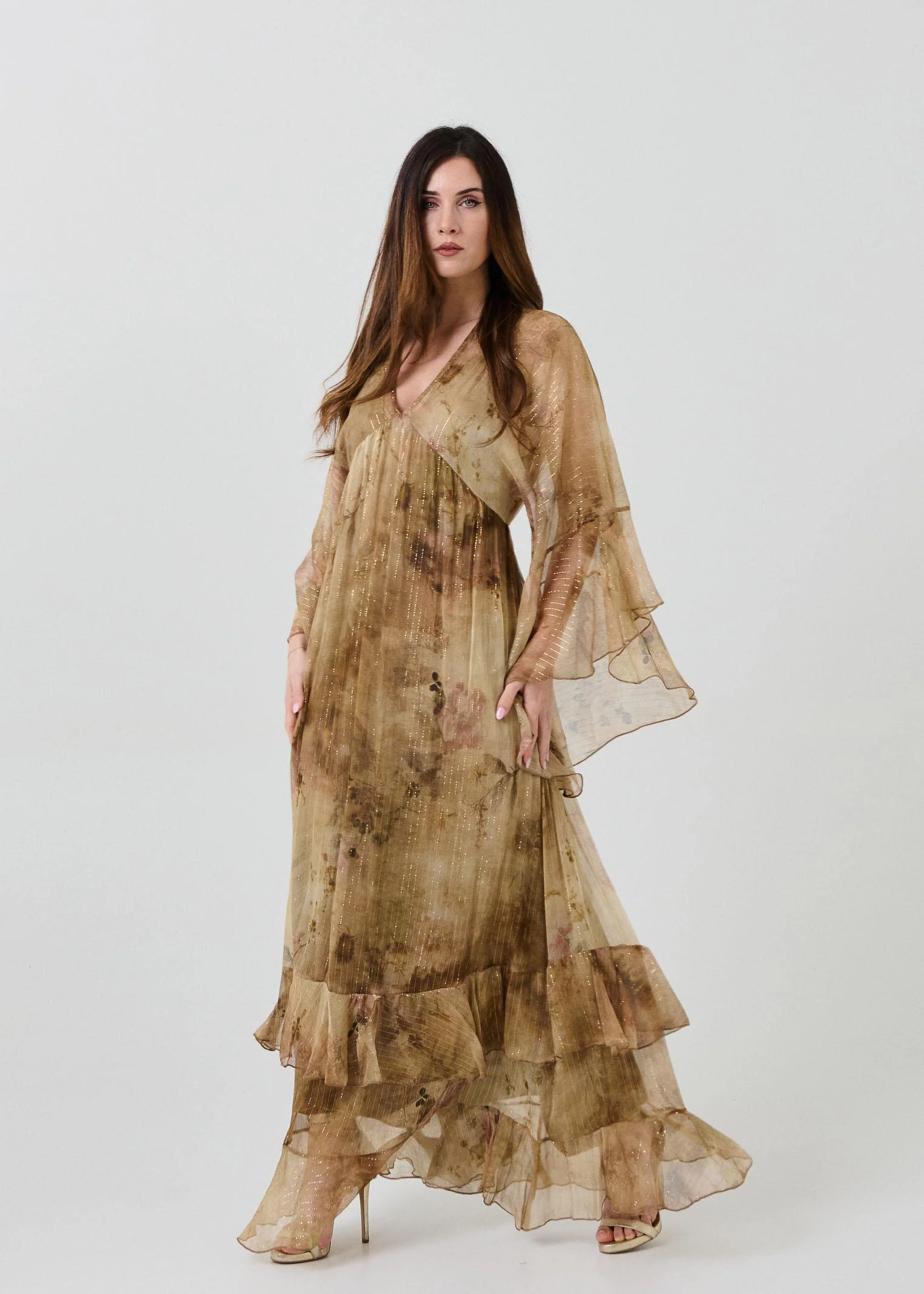 Abito in seta Souvenir beige con filo lurex