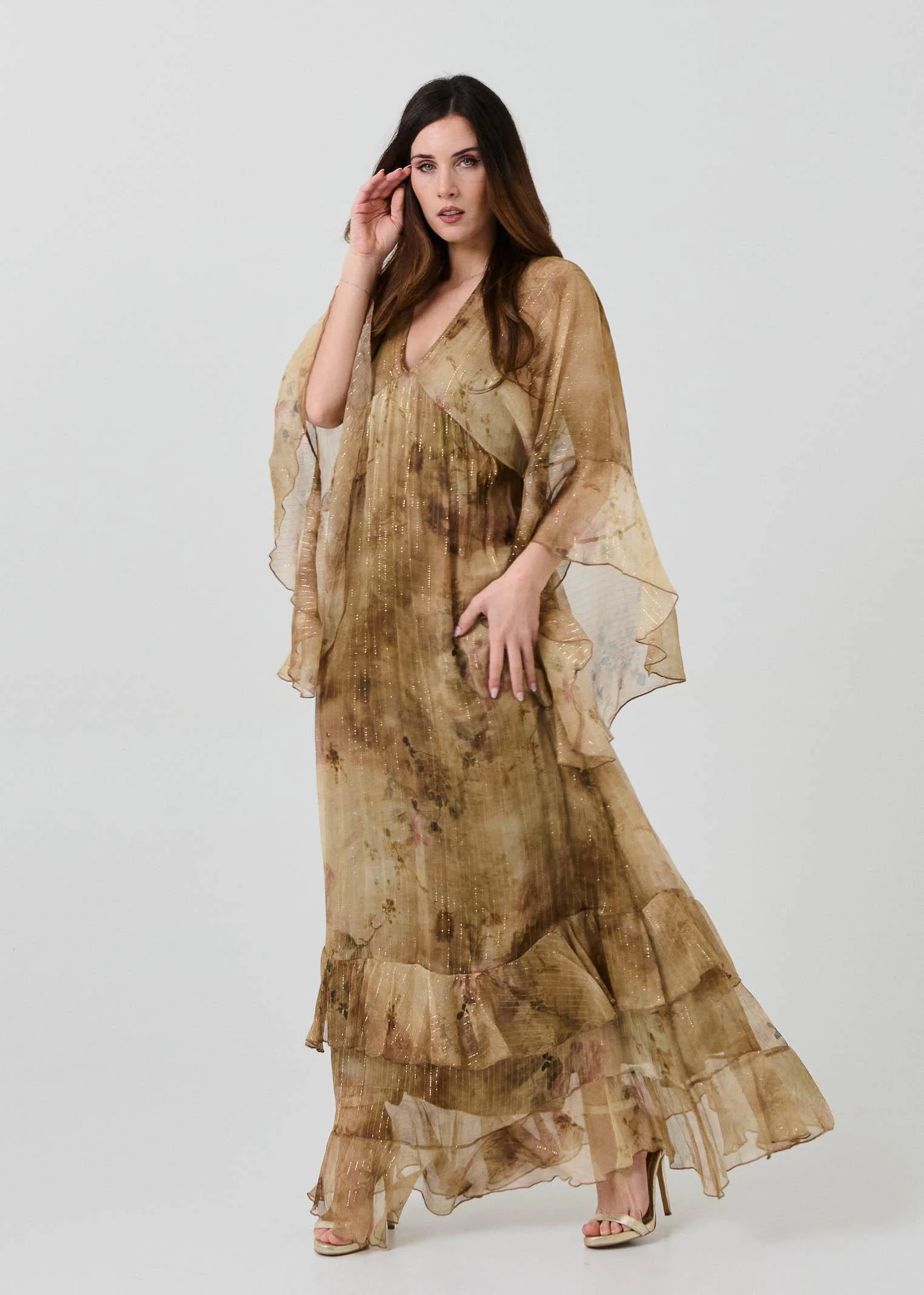 Abito in seta Souvenir beige con filo lurex - Image 2