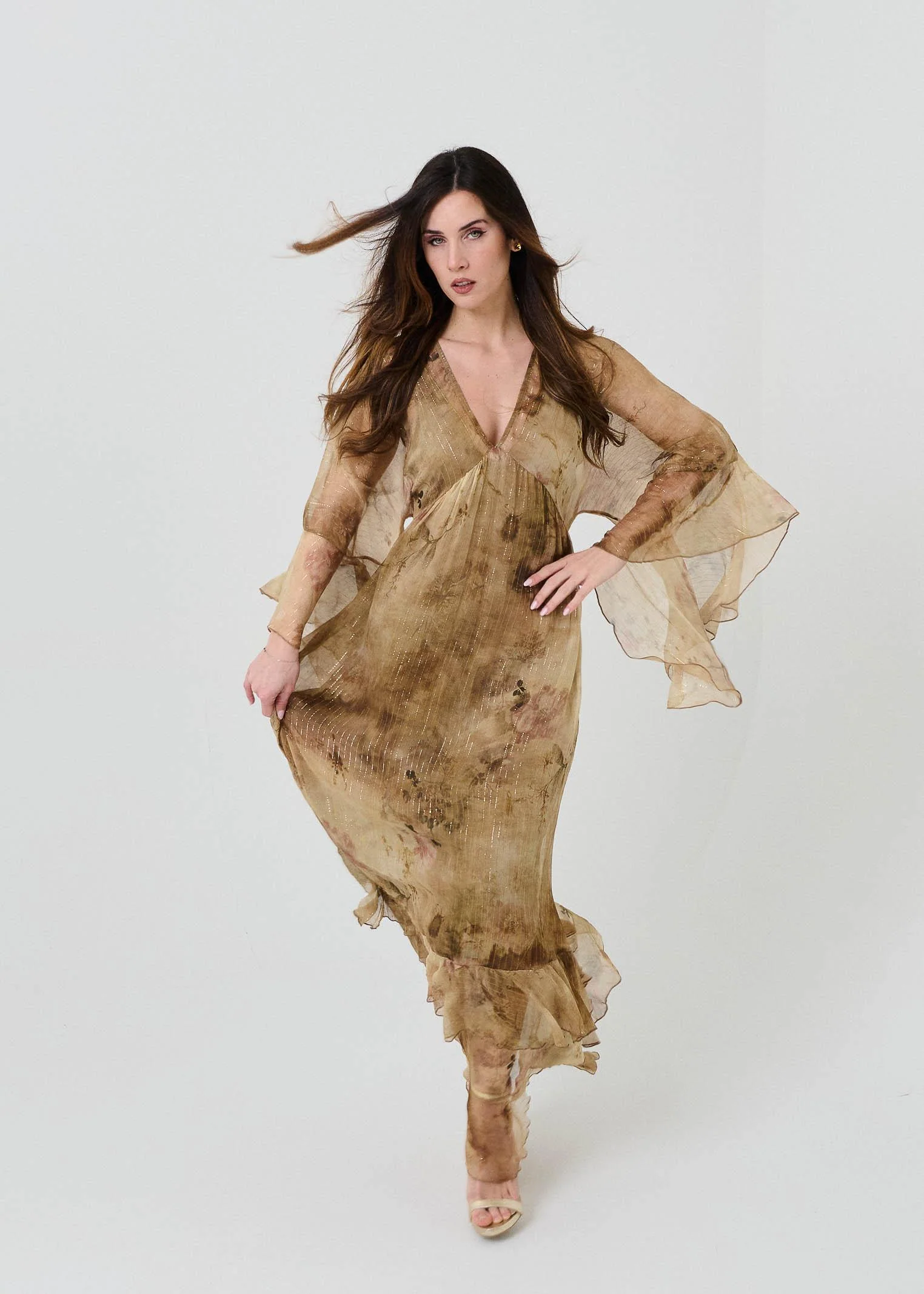 Abito in seta Souvenir beige con filo lurex - Image 3
