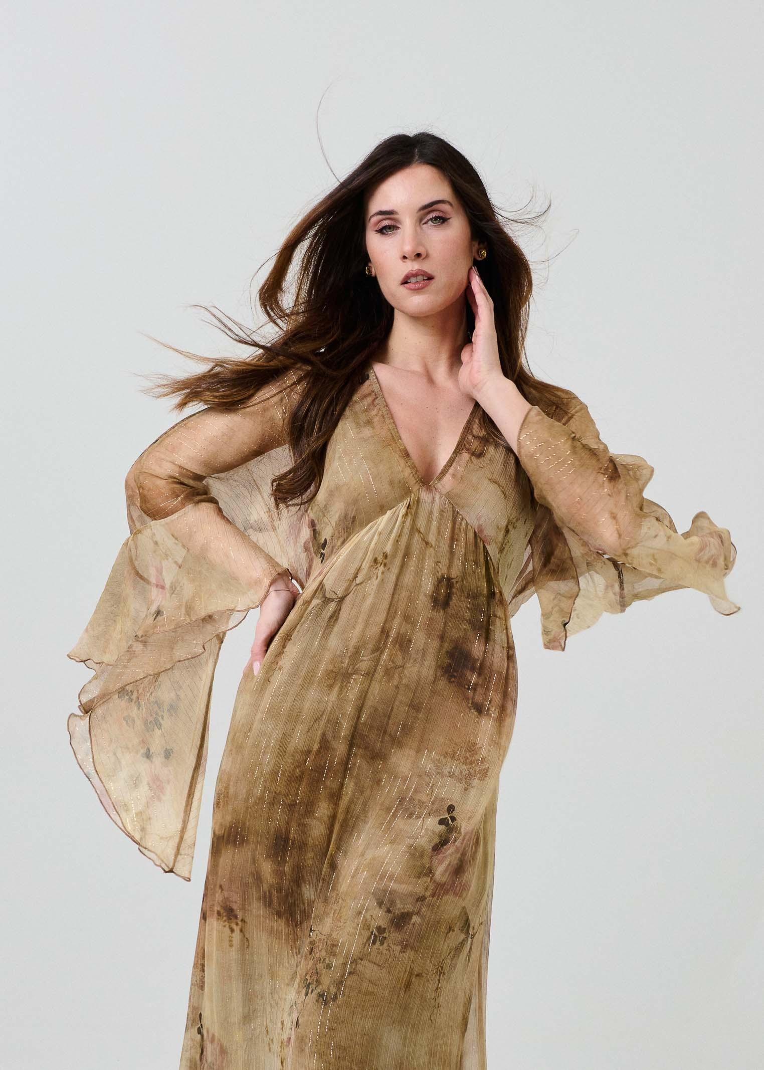 Abito in seta Souvenir beige con filo lurex - Image 4