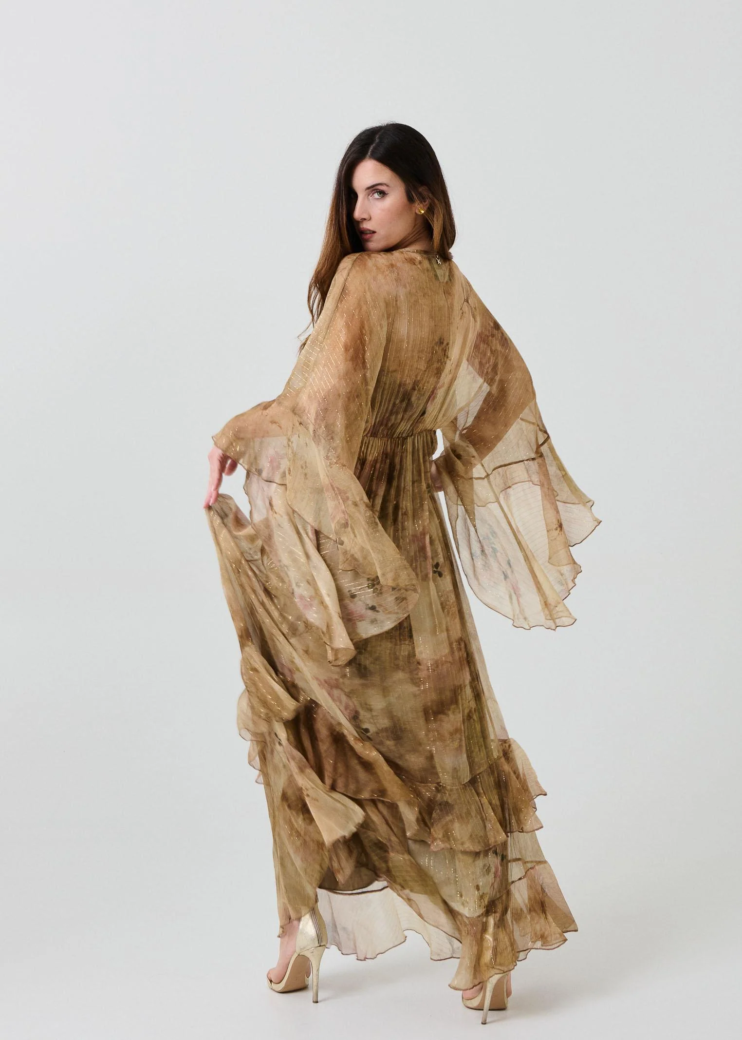 Abito in seta Souvenir beige con filo lurex - Image 6