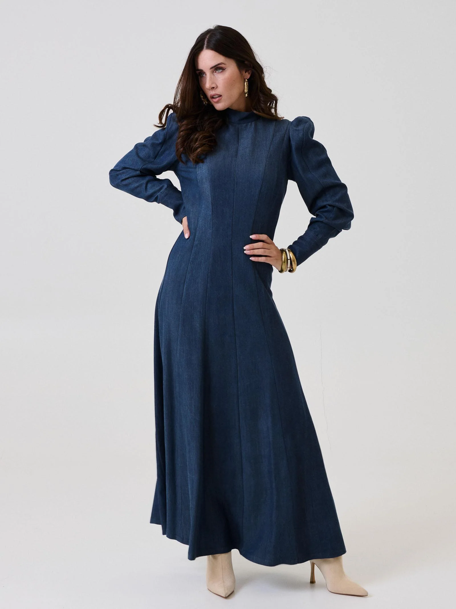 Abito lungo Bohemian Vì in denim con spalline a palloncino