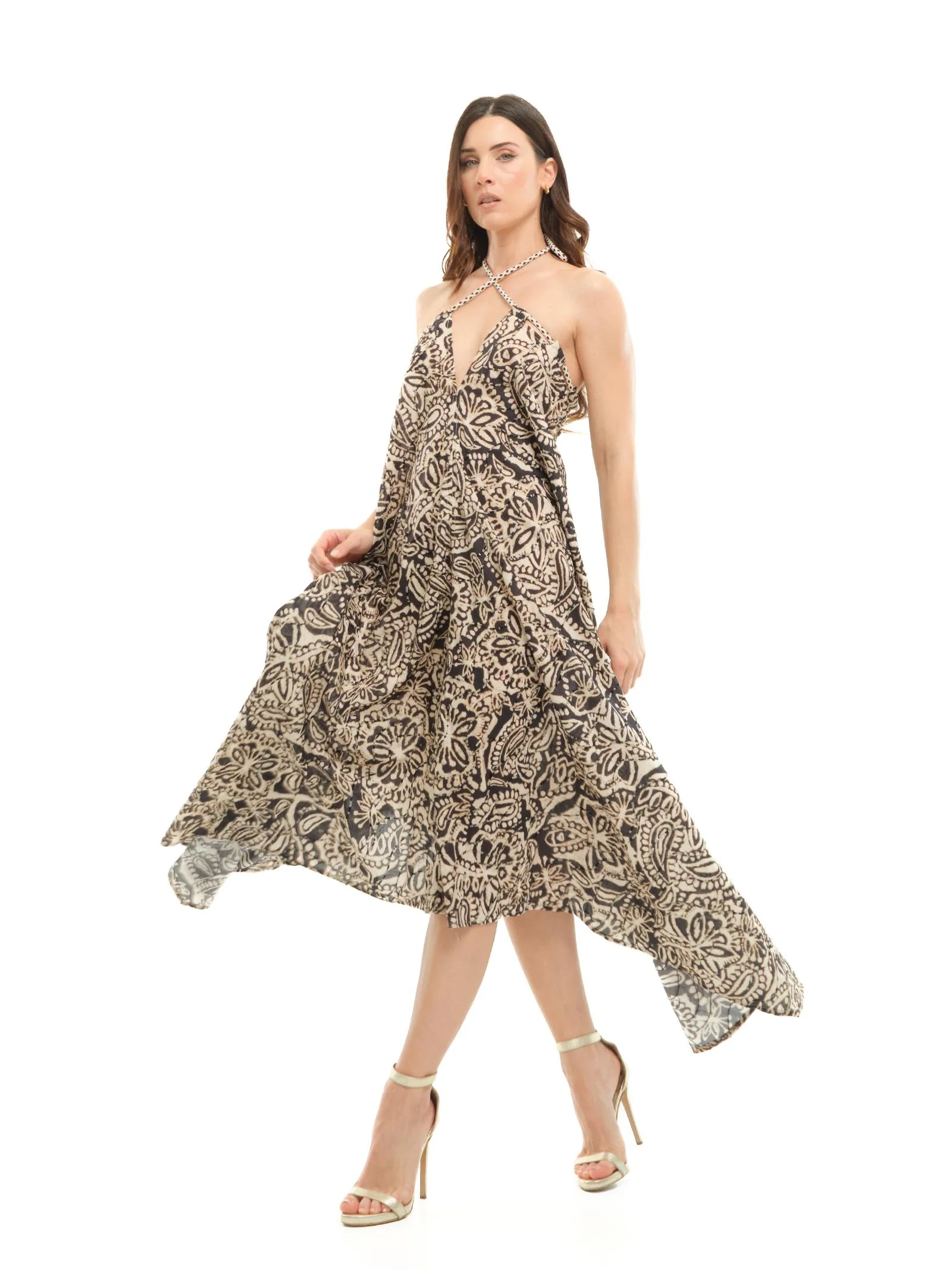 Abito lungo Dixie nero con fantasia etnica beige e paillettes - Image 2