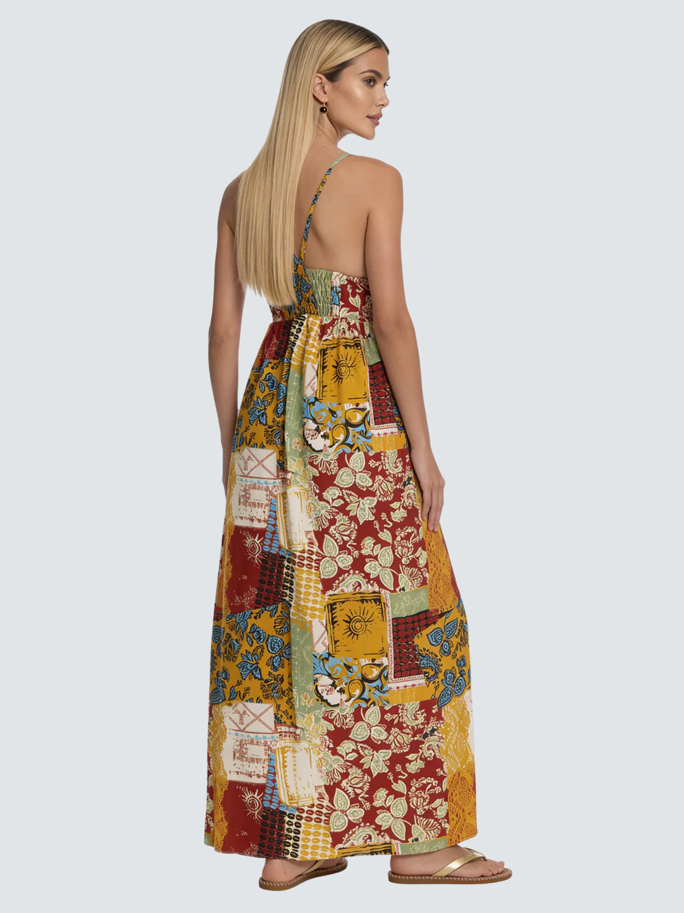 Abito lungo Fk multicolor con punto smock posteriore - Image 2