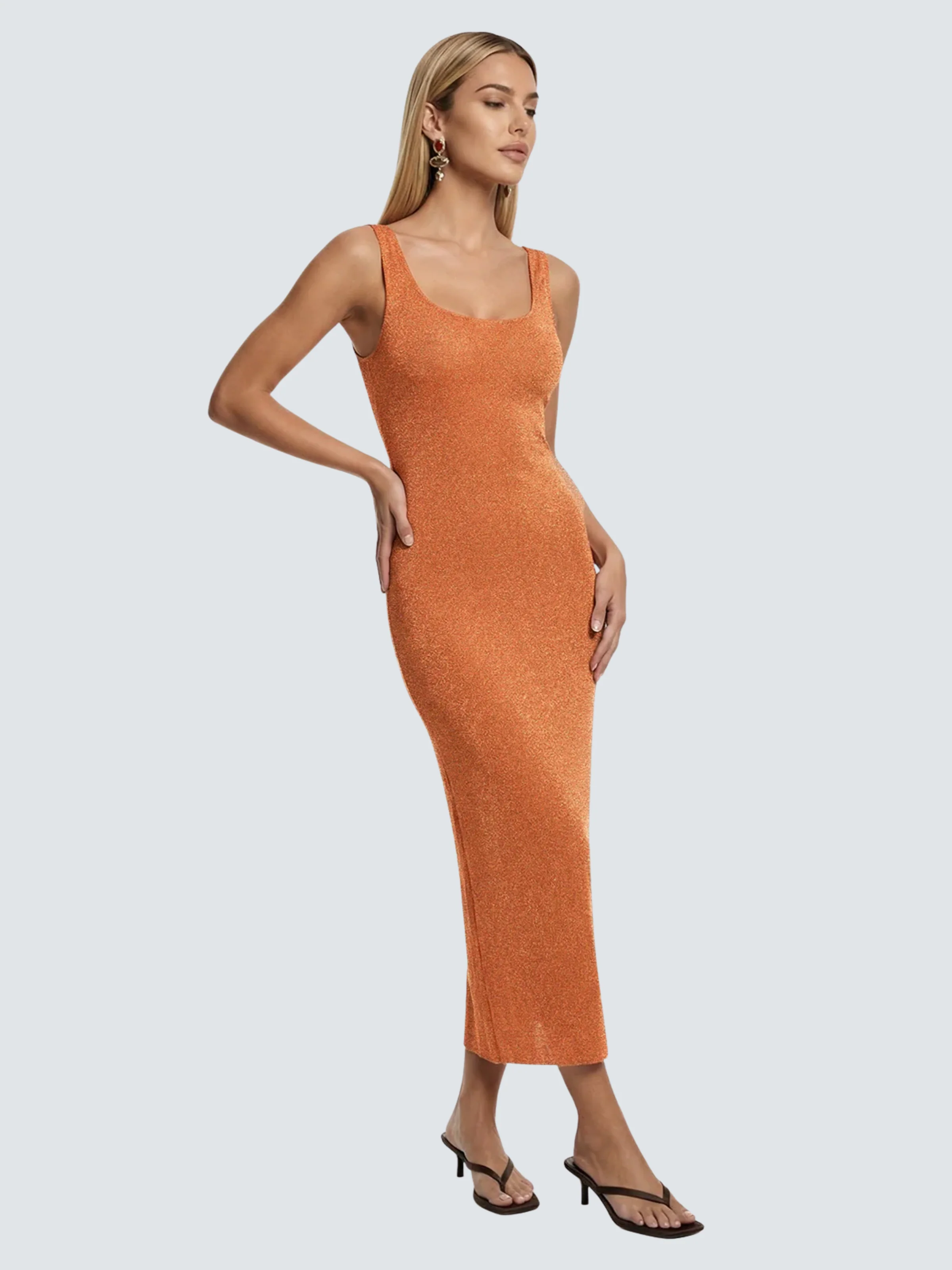Abito lungo lurex Fk arancione con scollo profondo posteriore