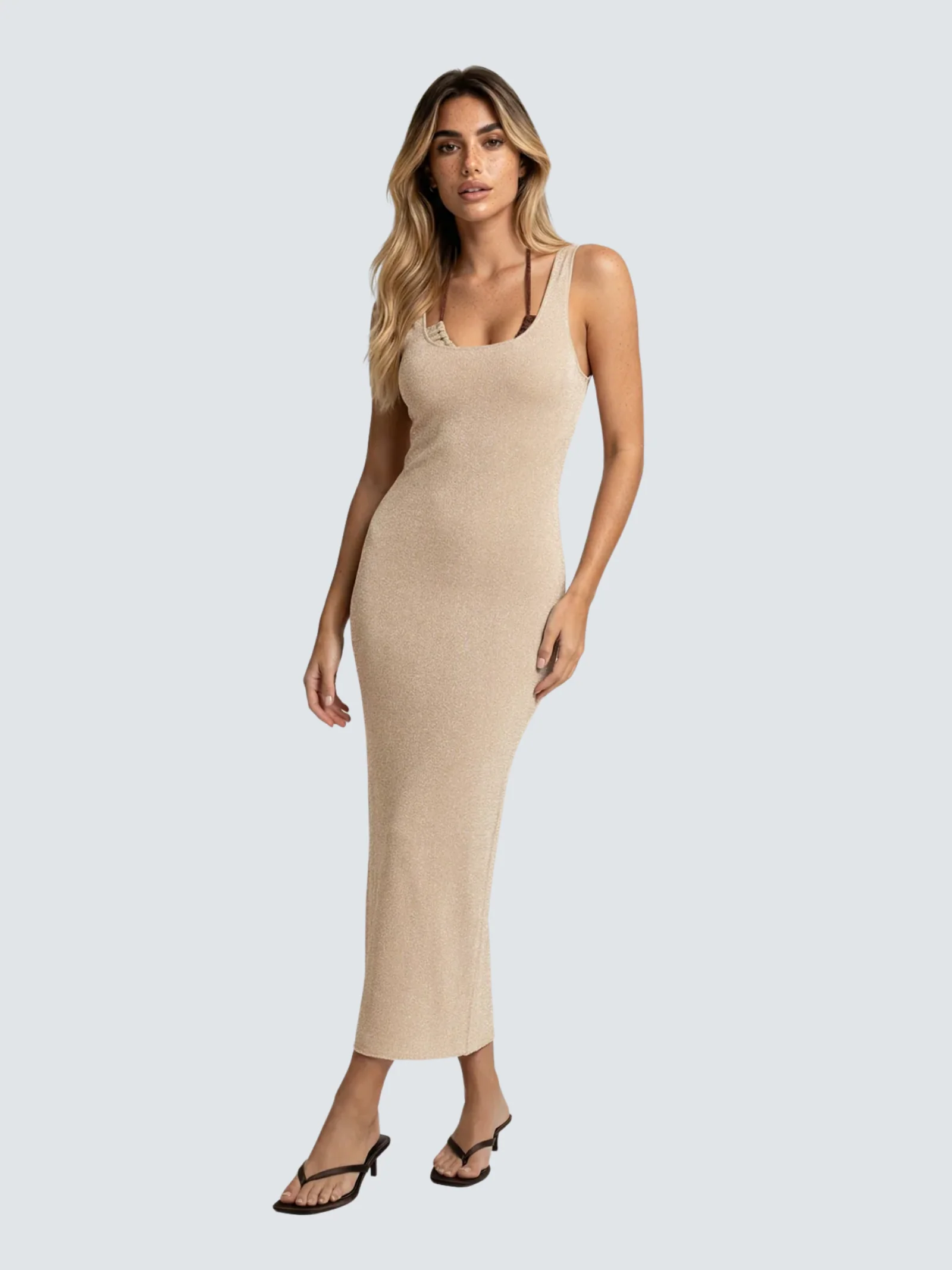 Abito lungo lurex Fk beige con scollo profondo posteriore
