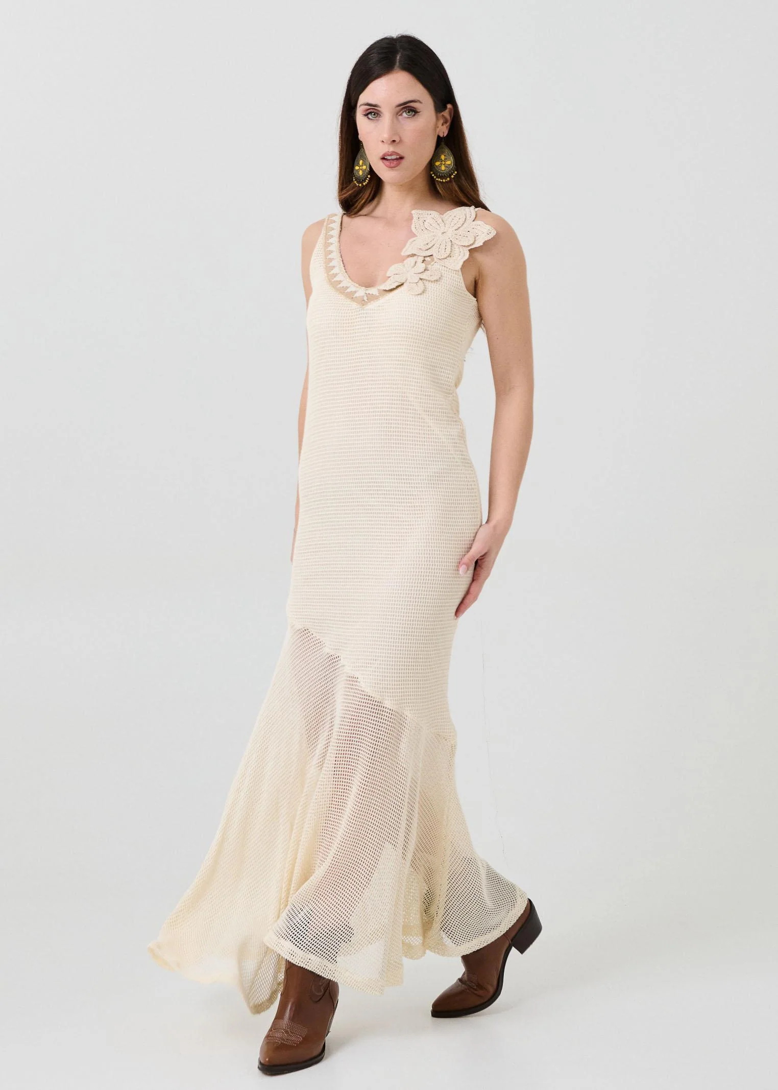 Abito lungo Pho Firenze beige in rete con ricamo floreale - Image 2