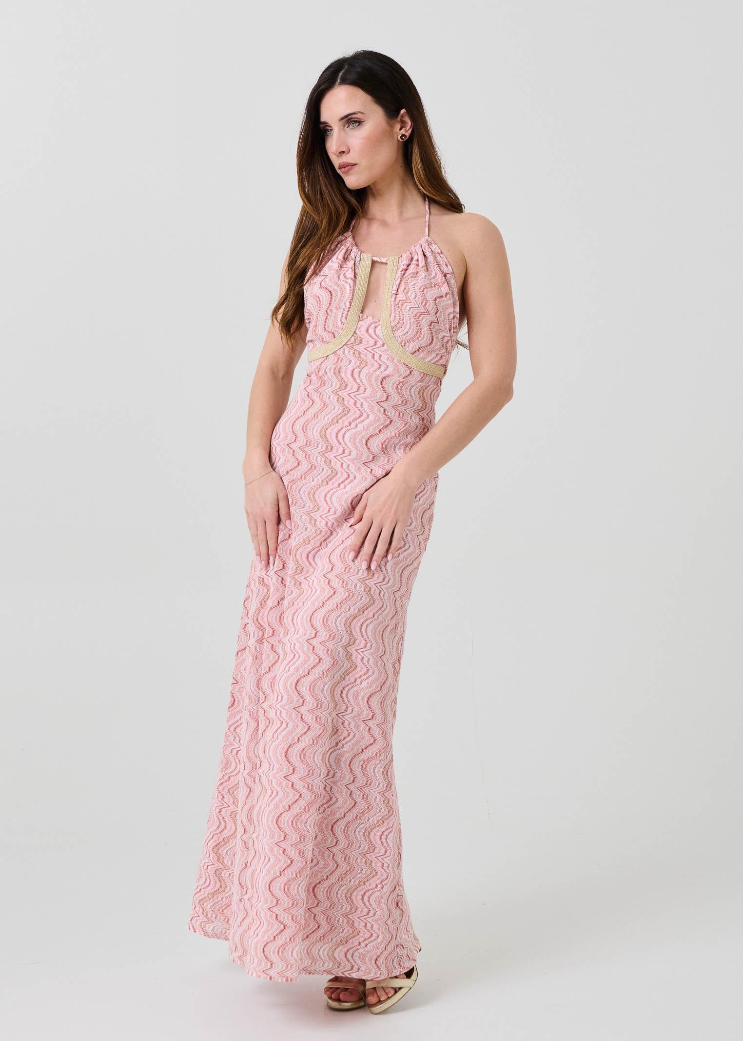 Abito lungo Pho Firenze rosa con inserti in filo lurex - Image 3