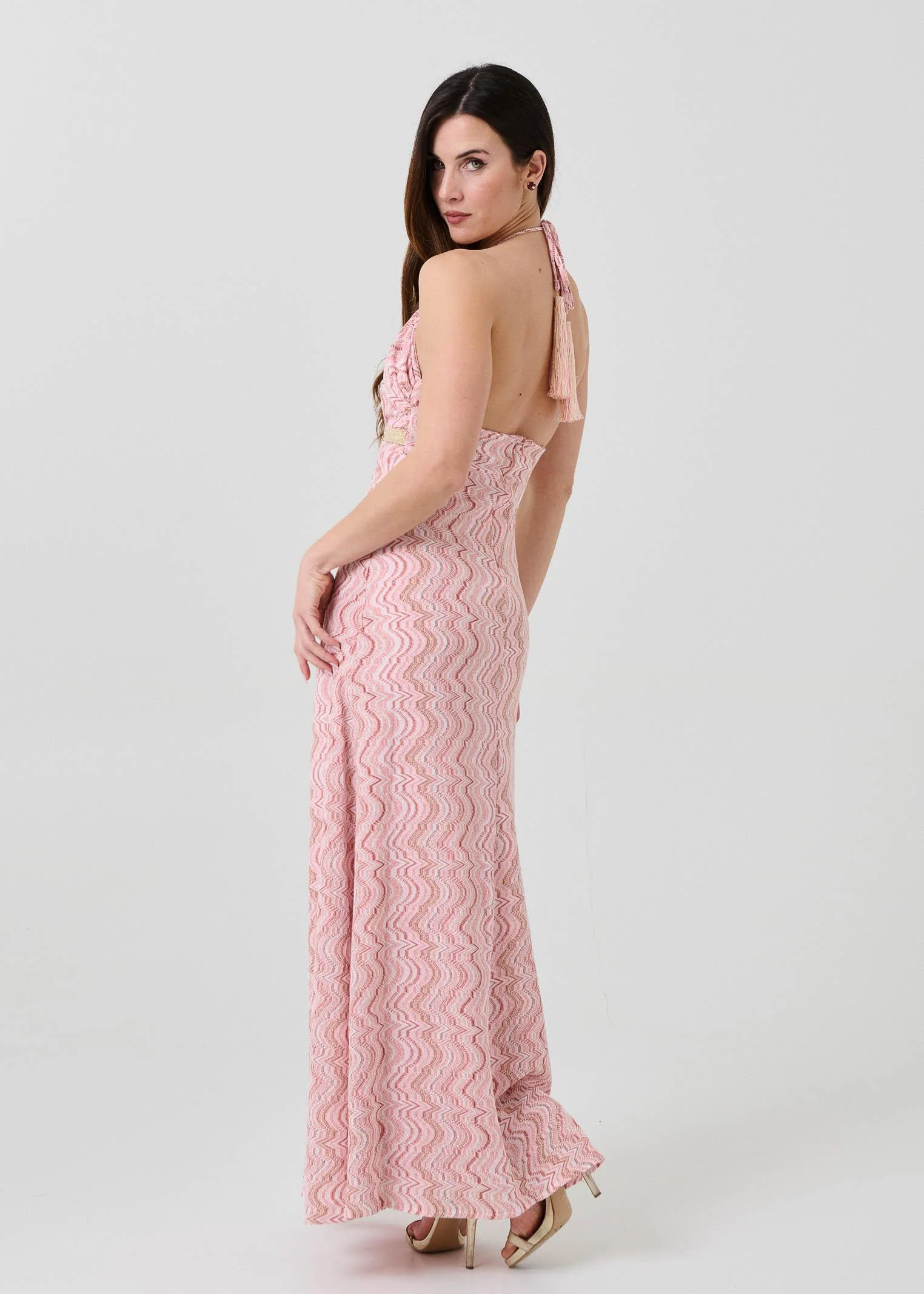 Abito lungo Pho Firenze rosa con inserti in filo lurex - Image 4