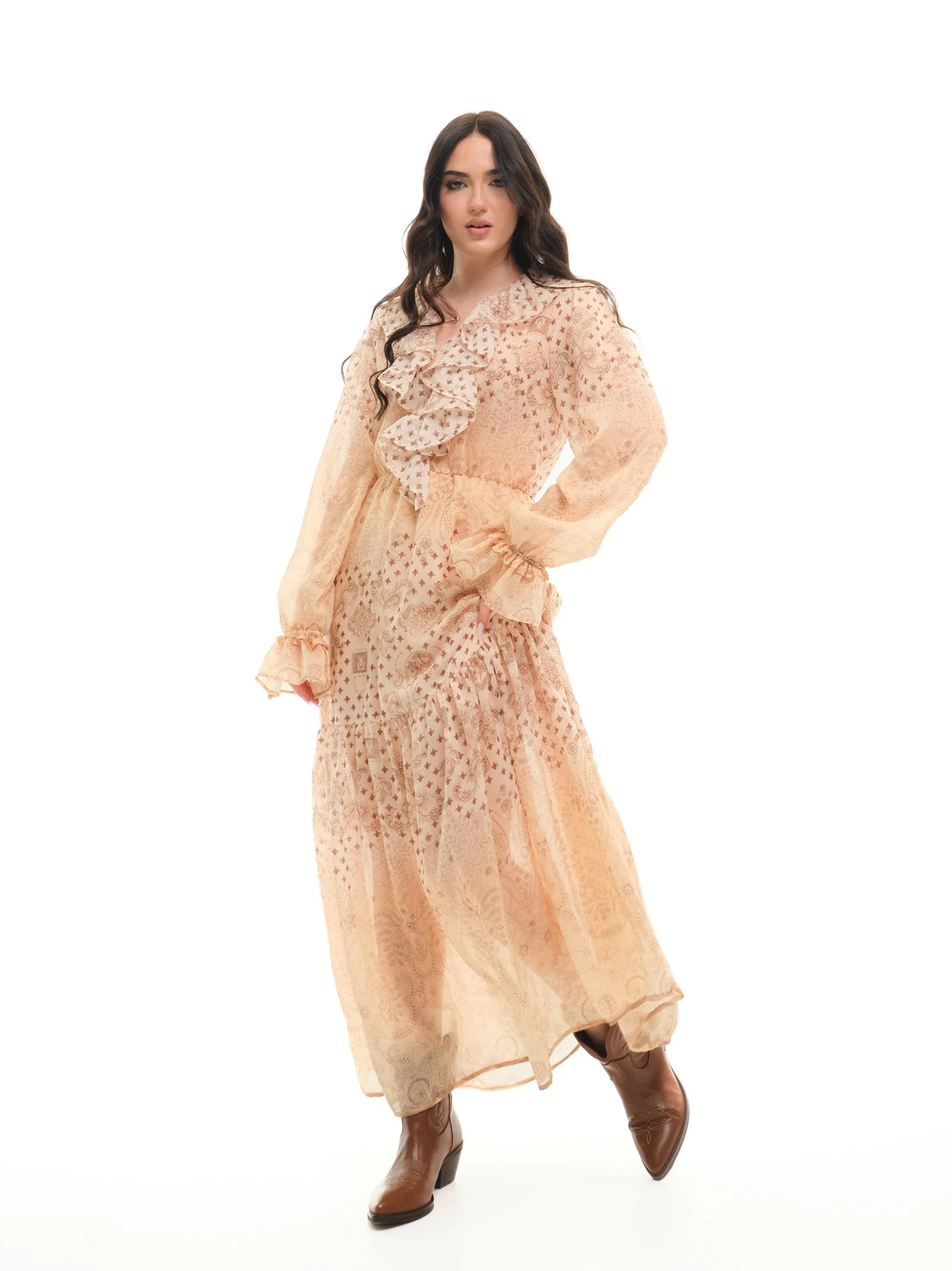 Abito lungo Vicolo beige paisley con rouches - Image 2