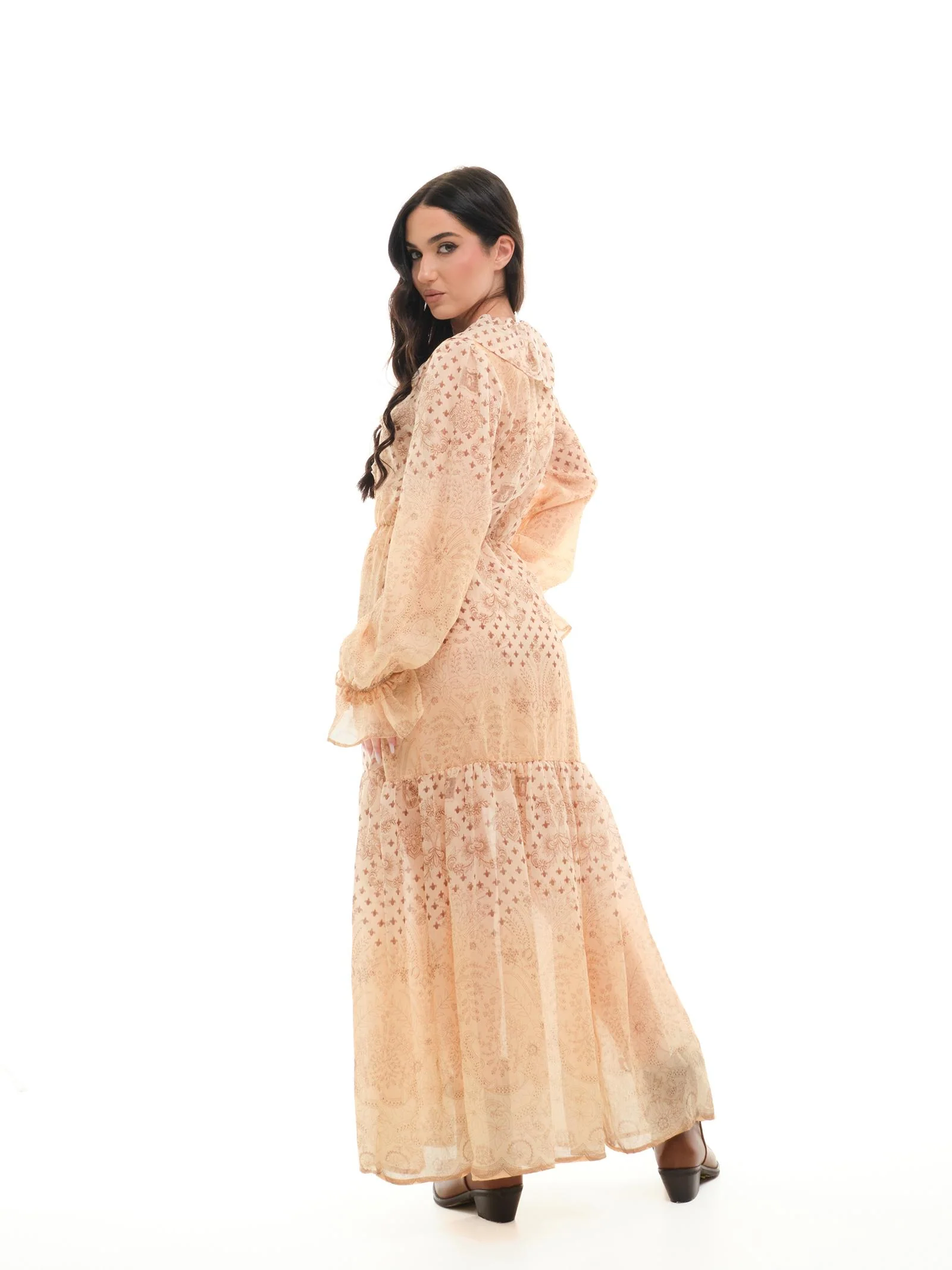Abito lungo Vicolo beige paisley con rouches - Image 3