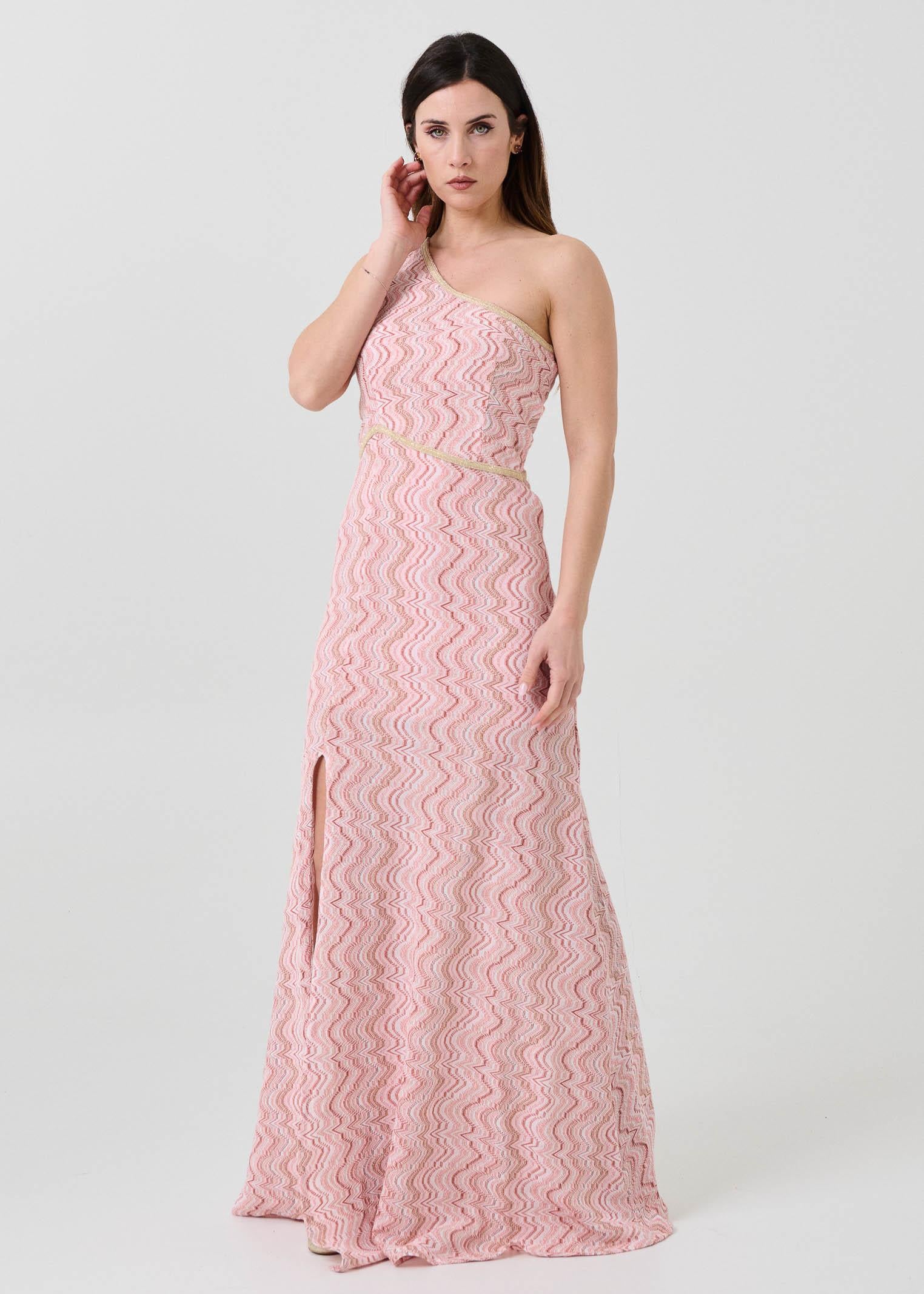 Abito monospalla Pho Firenze rosa con inserti filo lurex - Image 2