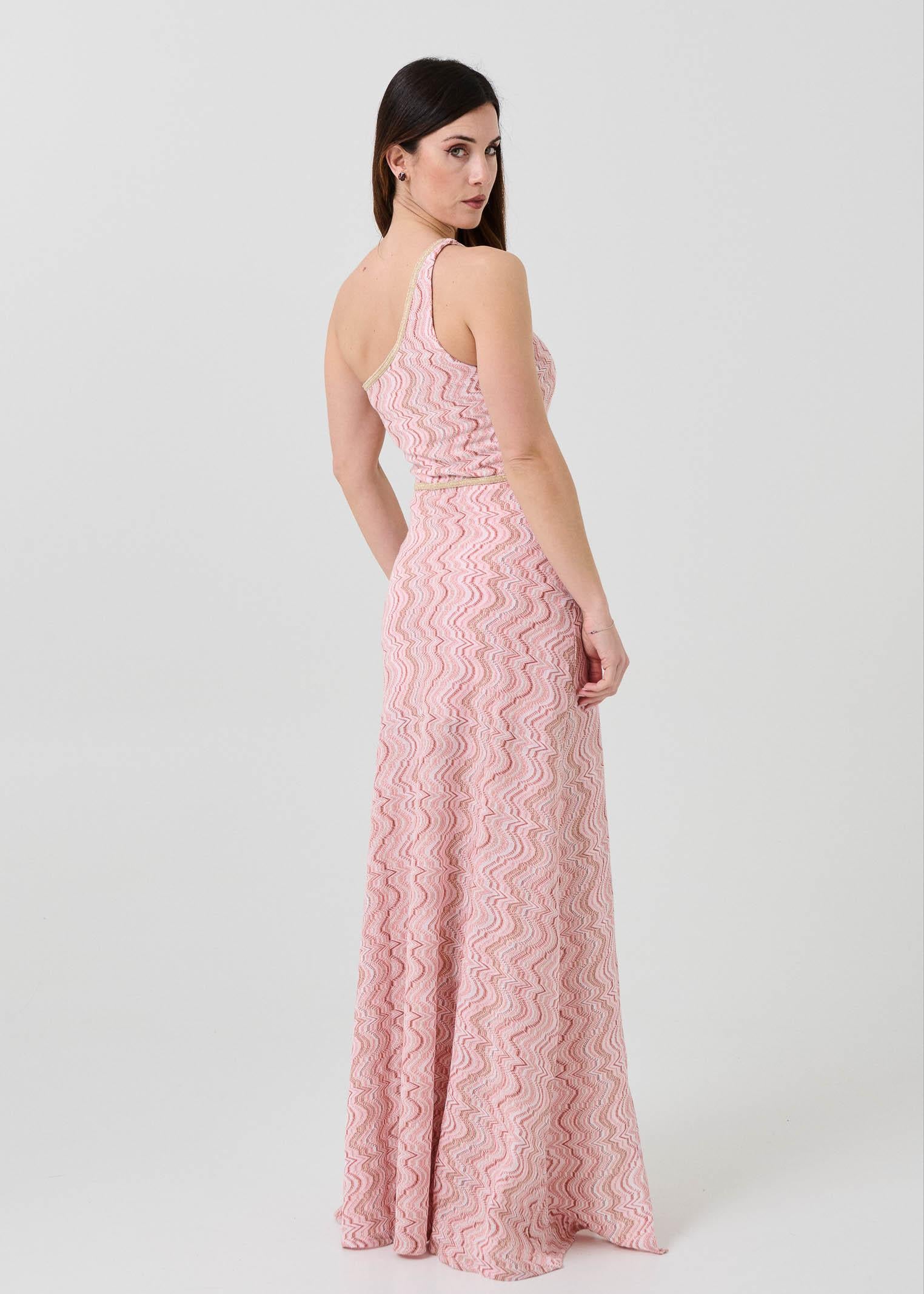 Abito monospalla Pho Firenze rosa con inserti filo lurex - Image 4