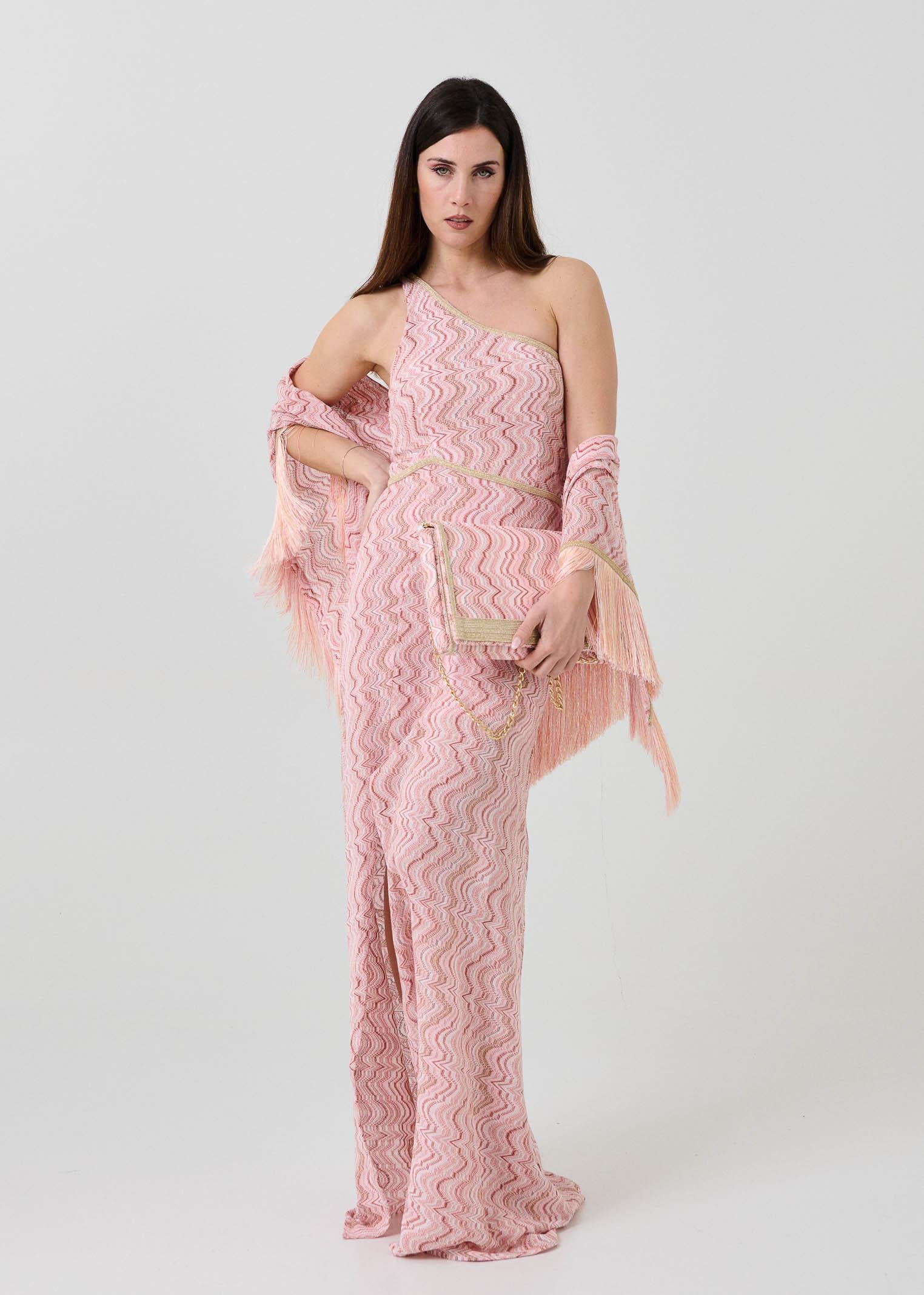 Abito monospalla Pho Firenze rosa con inserti filo lurex - Image 5