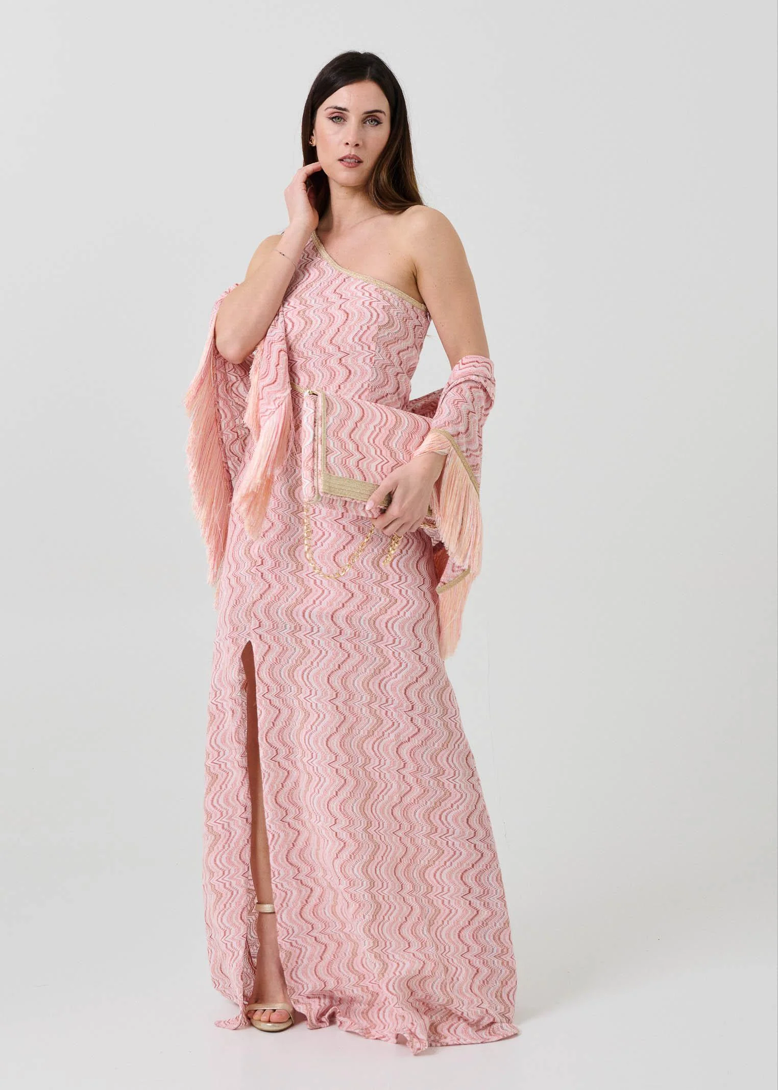 Abito monospalla Pho Firenze rosa con inserti filo lurex - Image 6