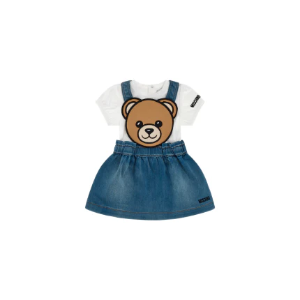 Abito salopette in denim con t-shirt Moschino blu e bianco