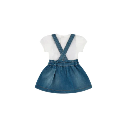 Abito salopette in denim con t-shirt Moschino blu e bianco - Image 2