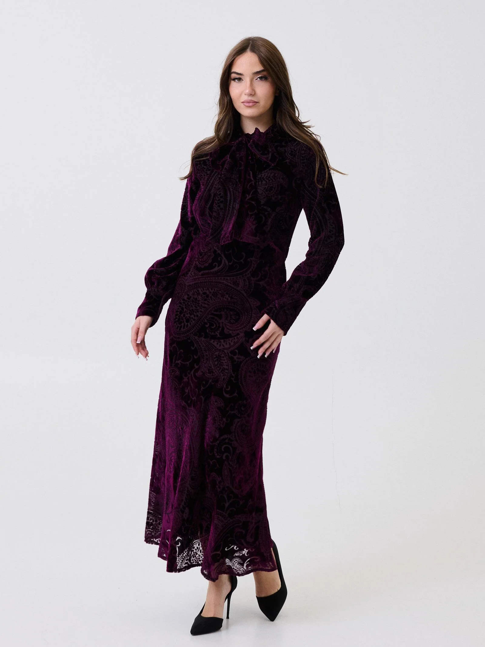 Abito Souvenir viola fantasia cashmere e inserti in velluto - Image 2