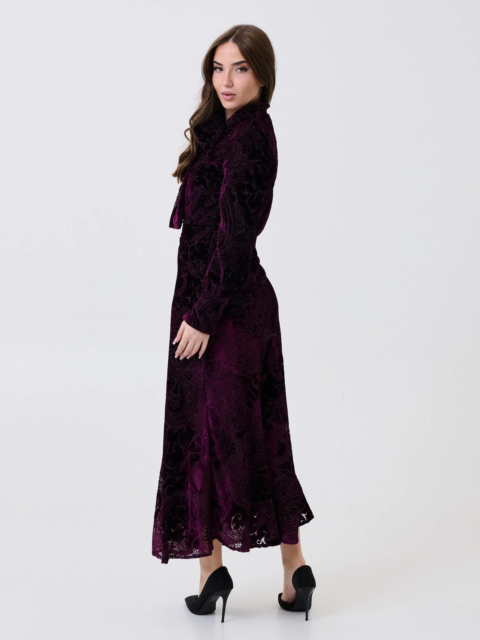 Abito Souvenir viola fantasia cashmere e inserti in velluto - Image 3