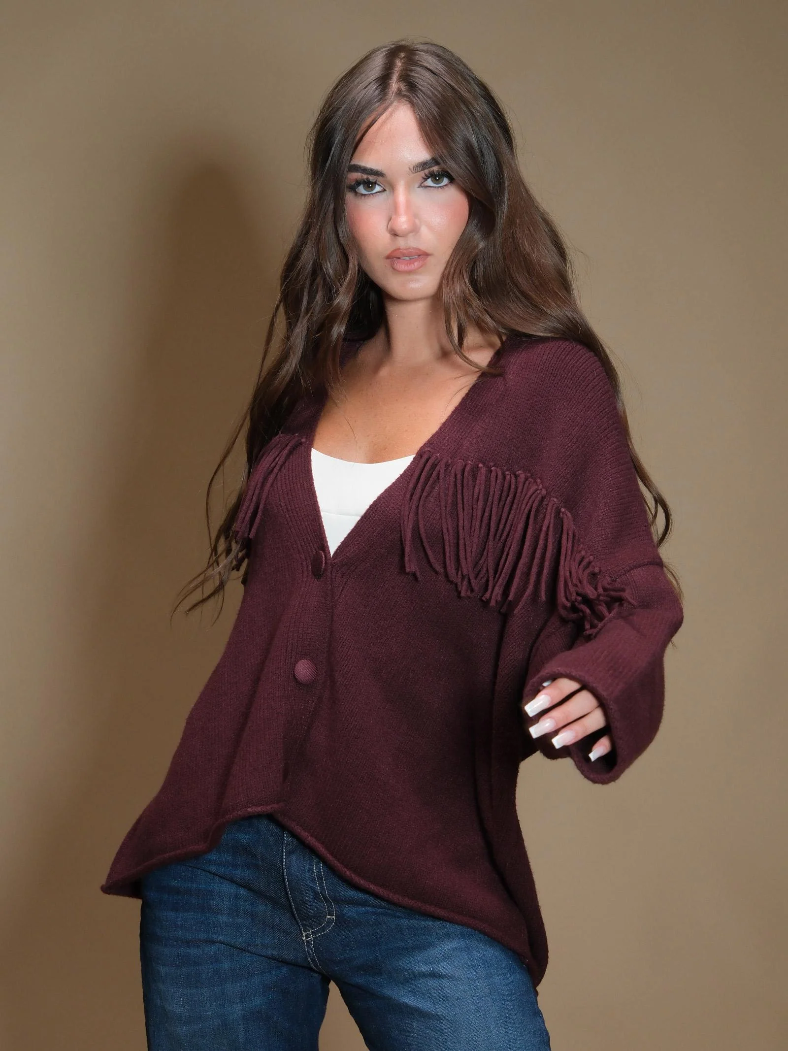 Cardigan Armoire over dettagli frange vino