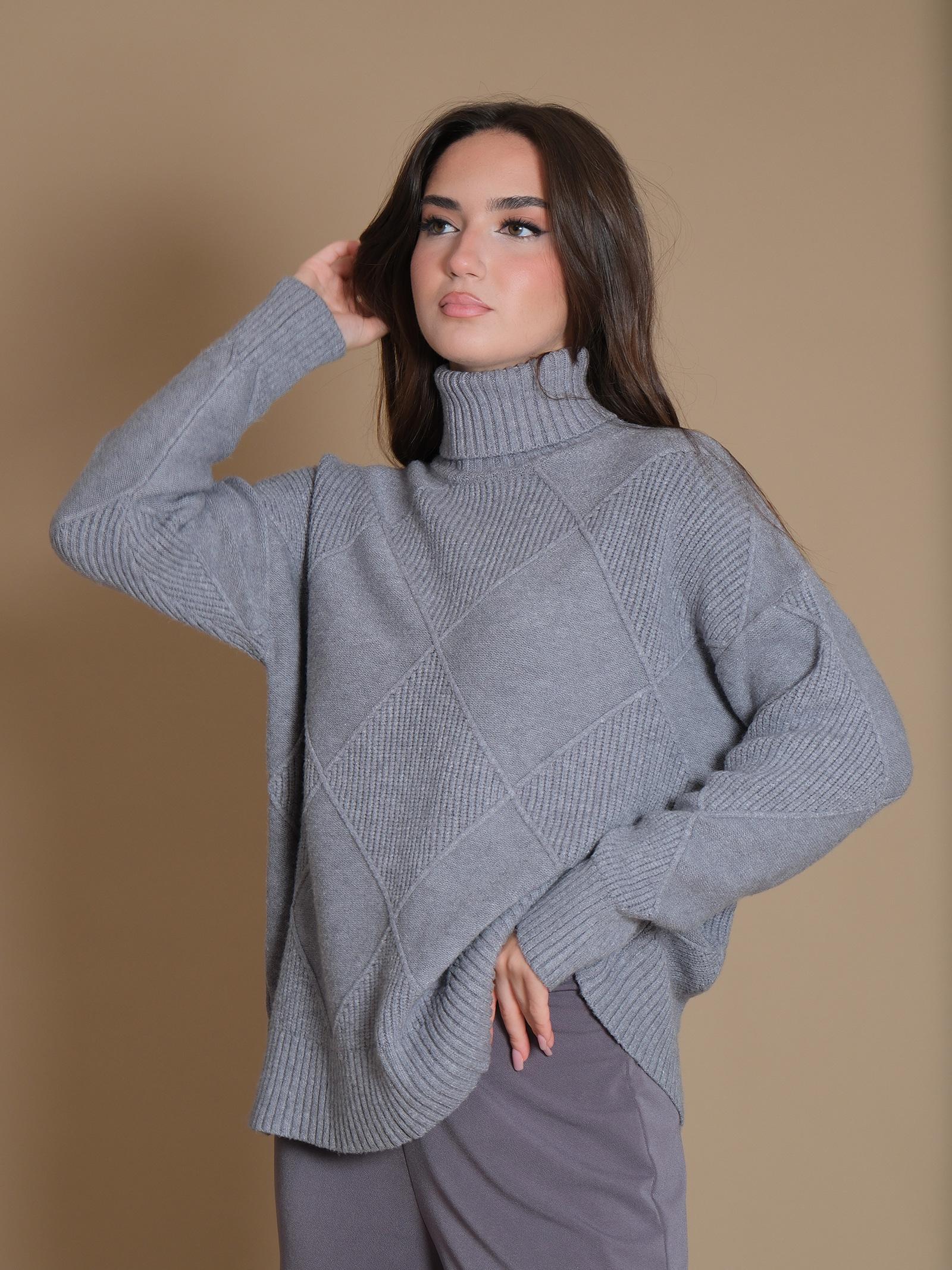 Maglione Armoire collo alto con dettagli a rombi grigio perla - Image 2