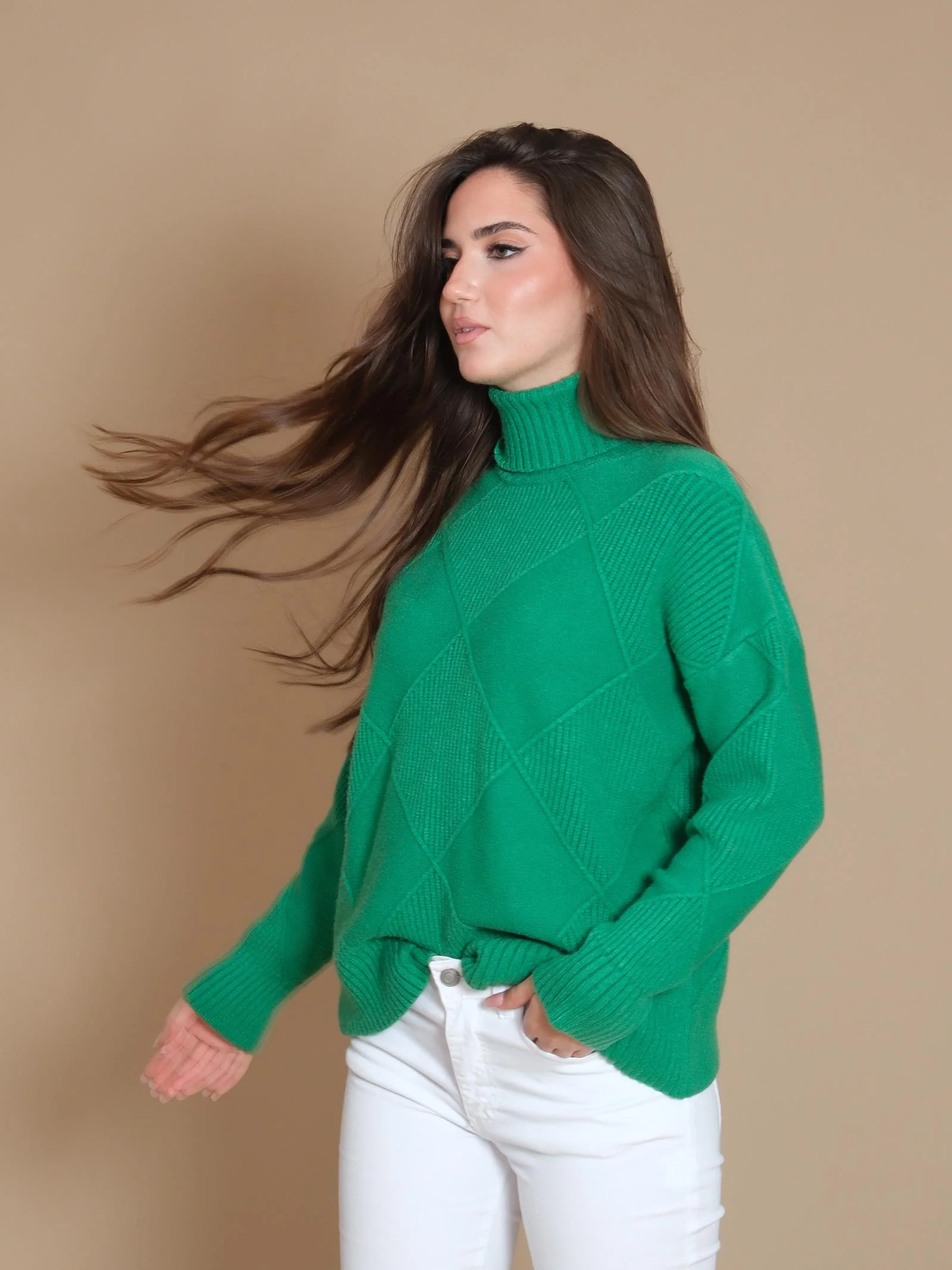 Maglione Armoire collo alto con dettagli a rombi verde - Image 2