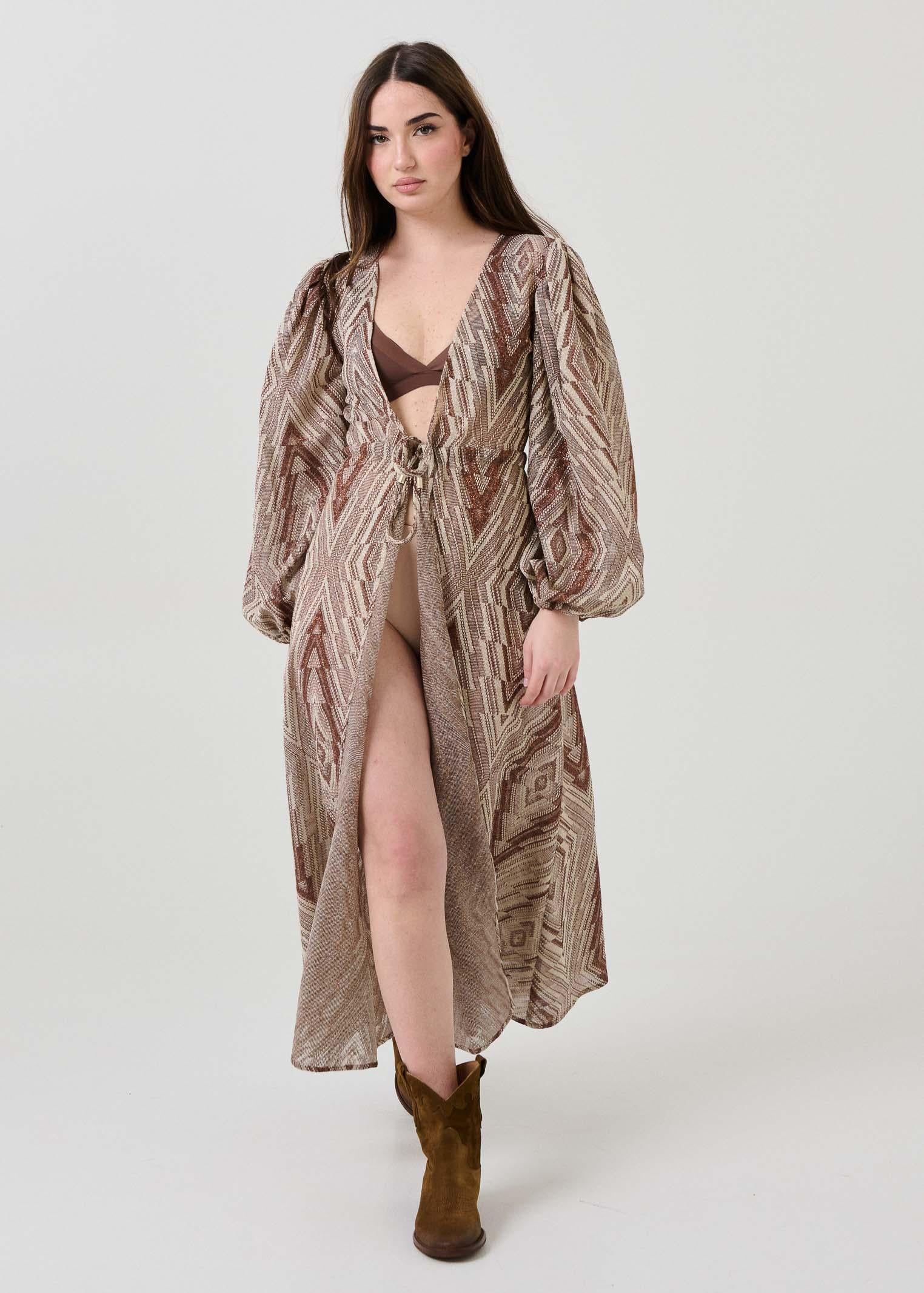 Cardigan lungo Bohemian Vì beige e marrone - Image 2