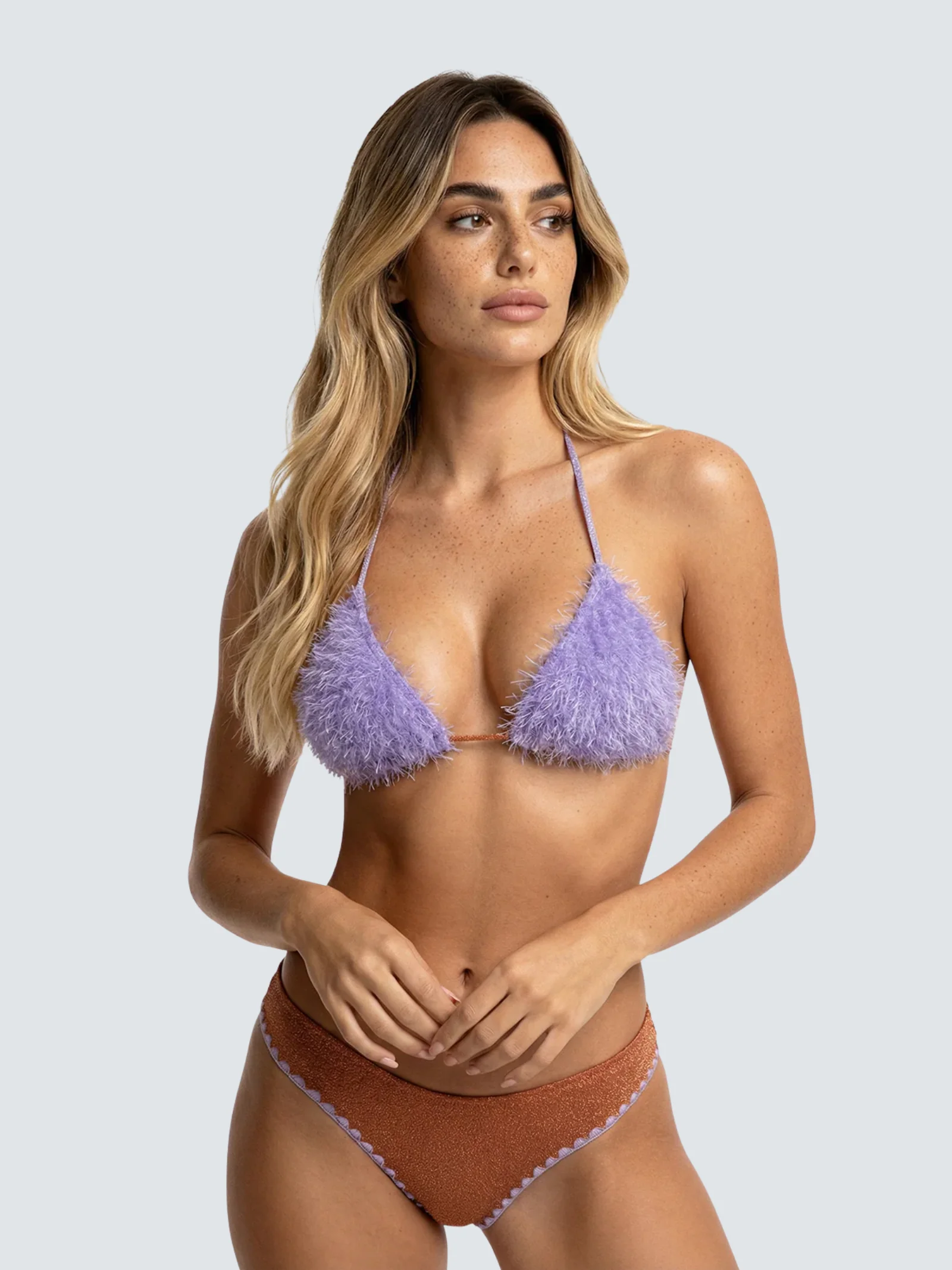 Bikini due pezzi triangolo effetto fluffy FK lilla e arancione