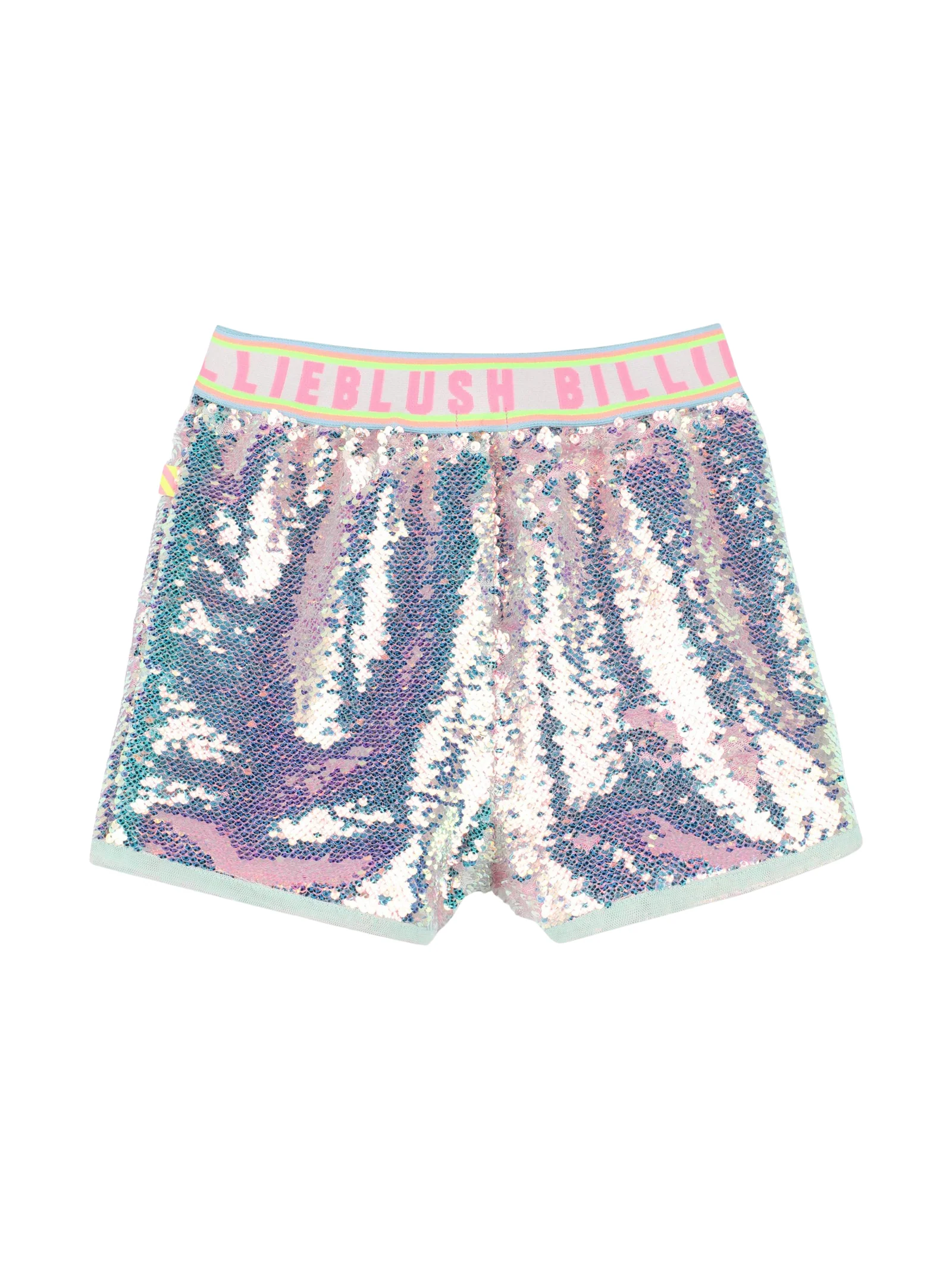 Shorts Billie Blush argentati con paillettes iridescenti e vita elasticizzata logata