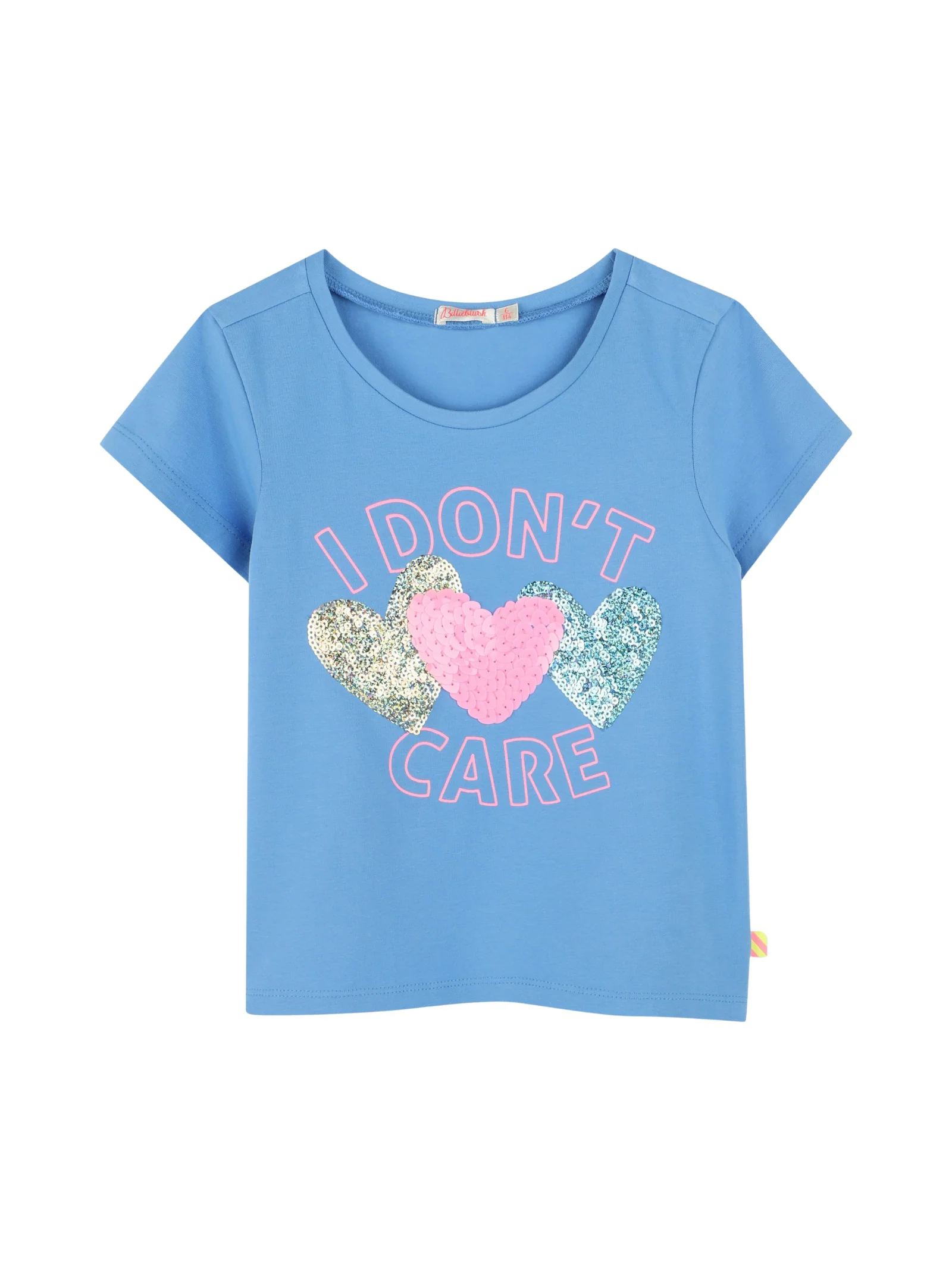 T-Shirt Billie Blush azzurra con scritta "I Don't Care"