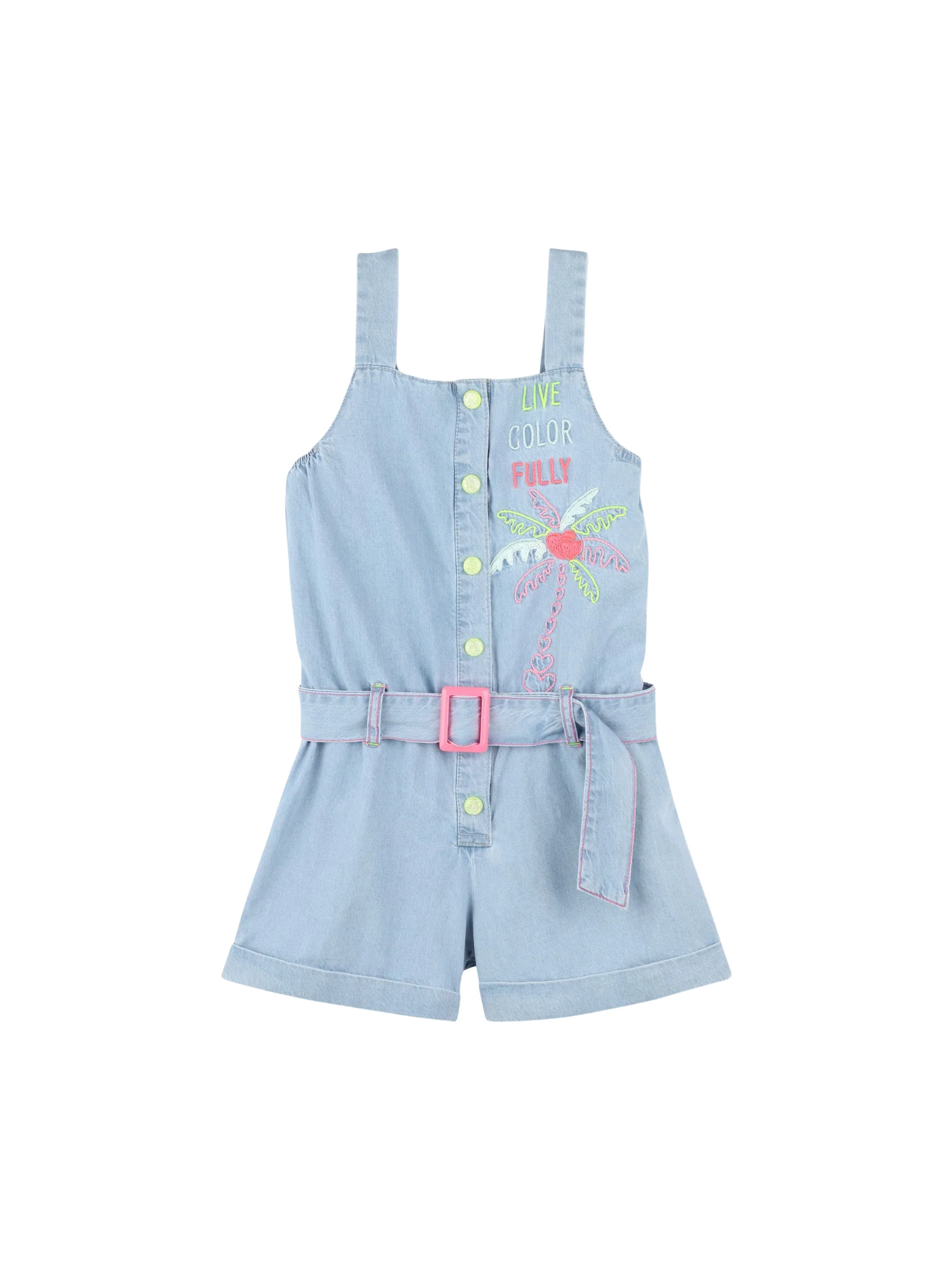 Tuta Billie Blush azzurra in denim con ricami colorati