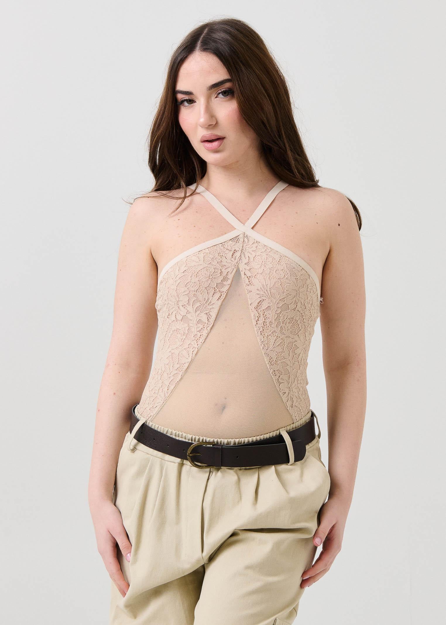 Body trasparente Haveone beige con inserti in pizzo