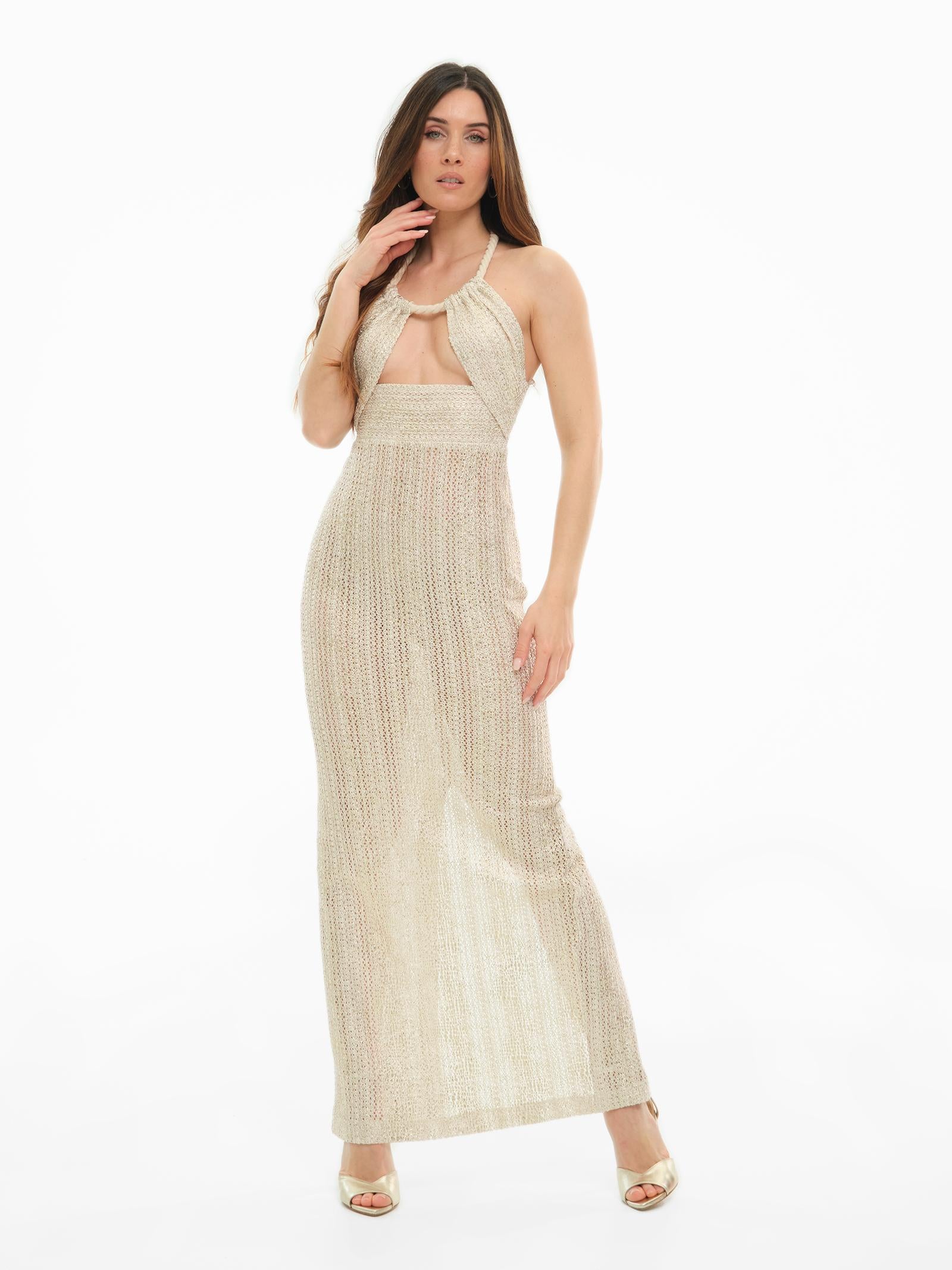 Abito cut out lurex Bohemian Vì oro con scollo a nodo