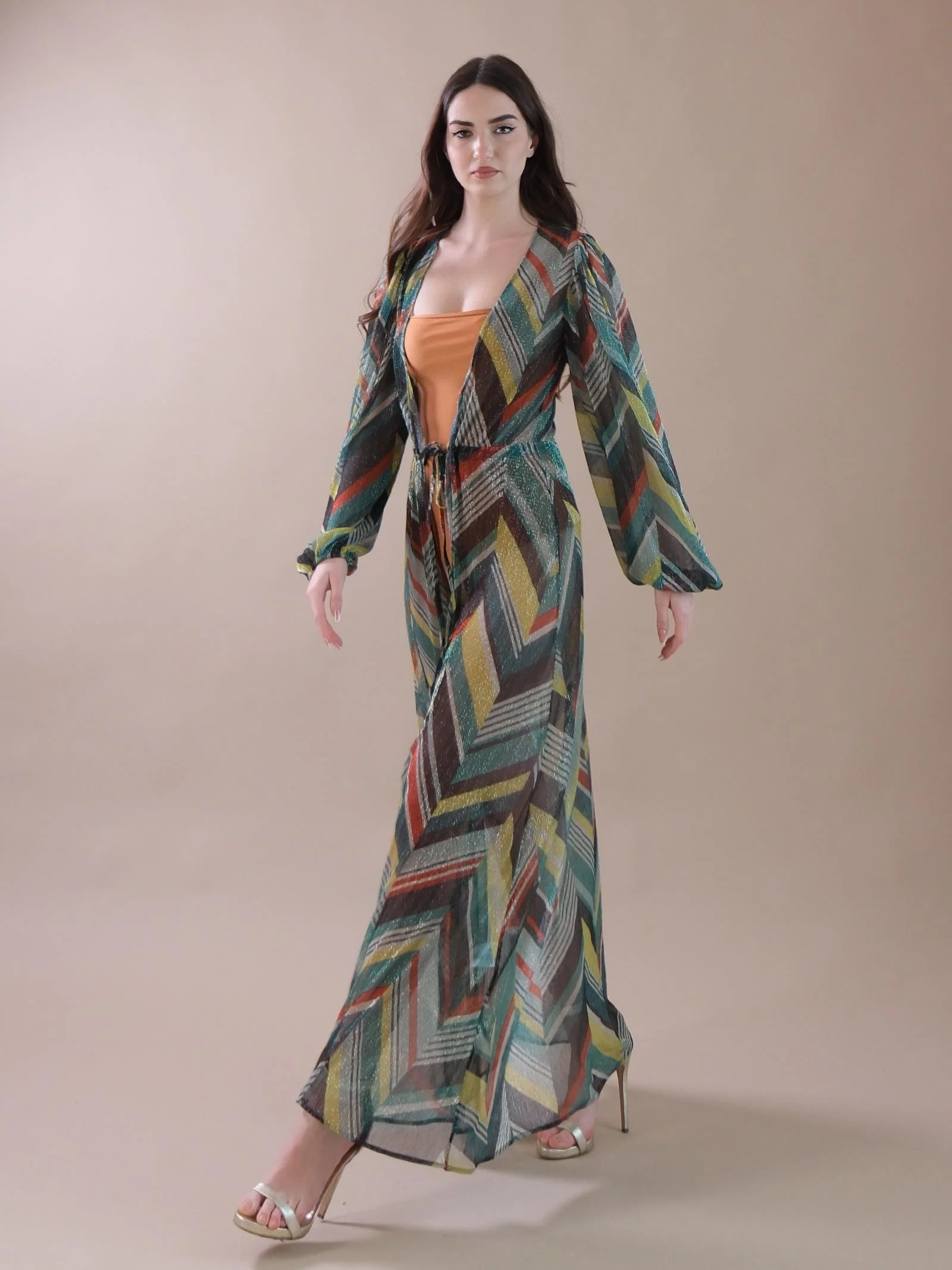 Kimono lungo a fantasia astratta con coulisse - Image 2