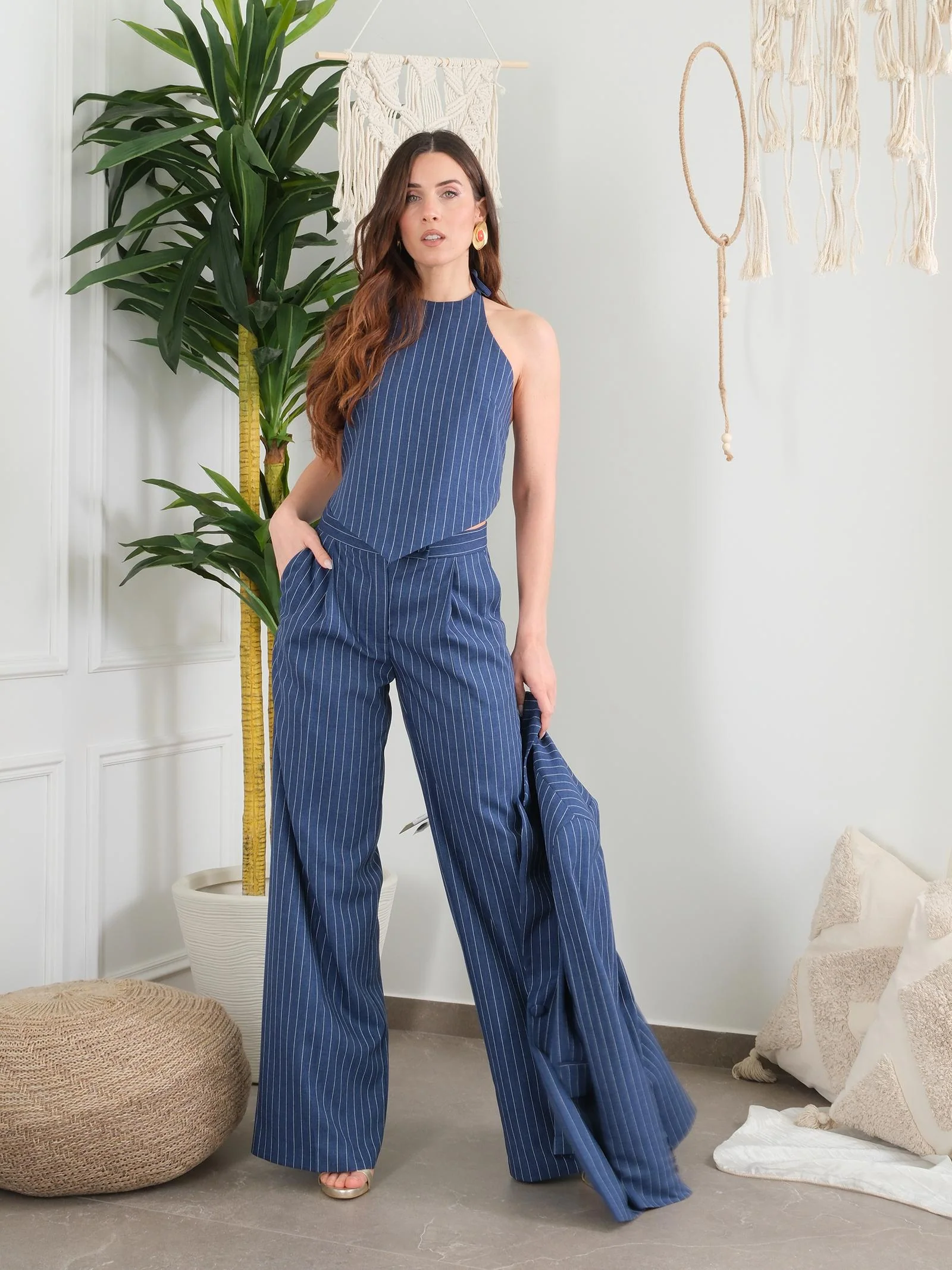 Pantalone a palazzo Bohemian Vì blu con pinces - Image 4