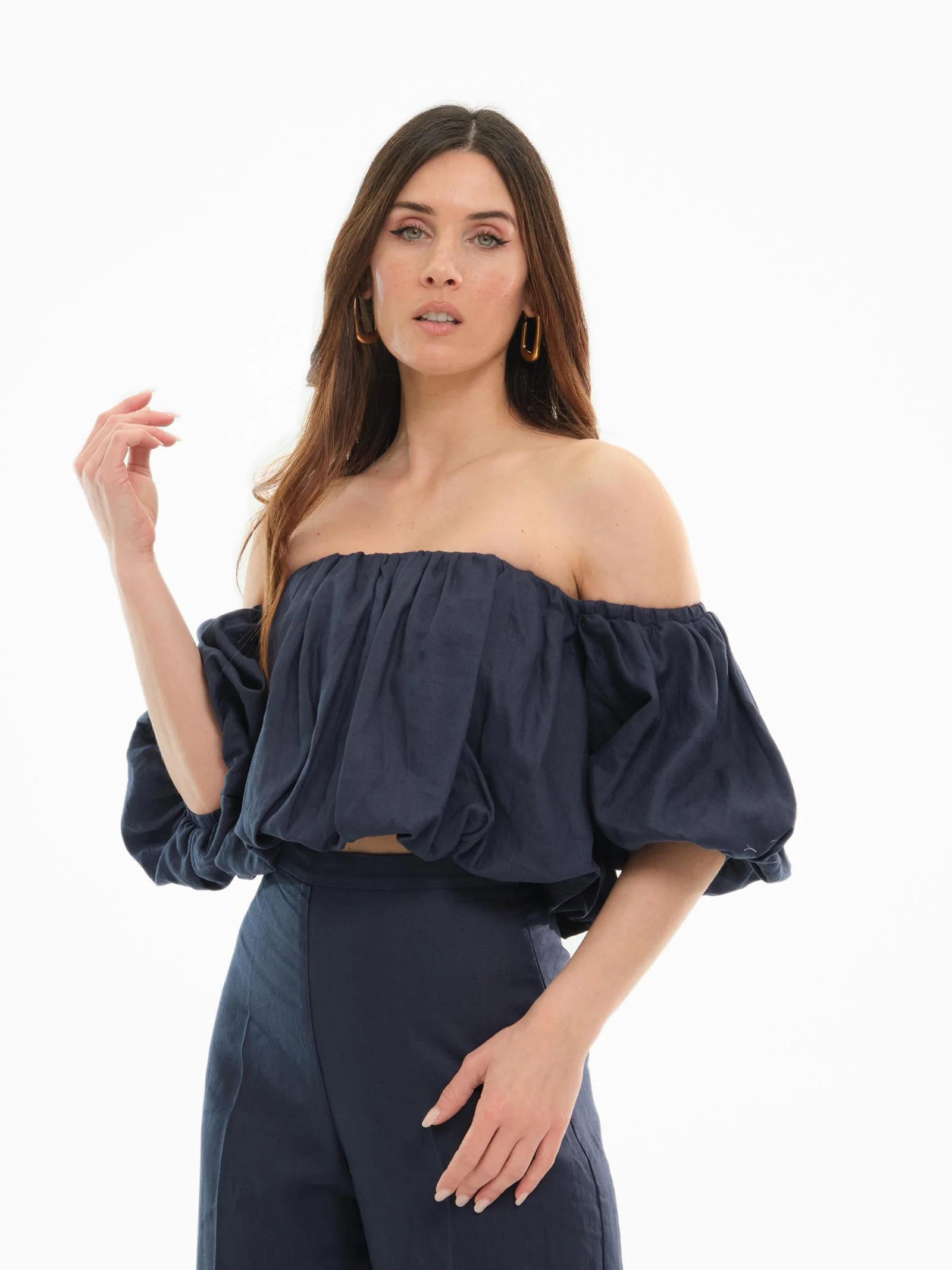Top cropped Bohemian Vì  blu navy monospalla - Image 2