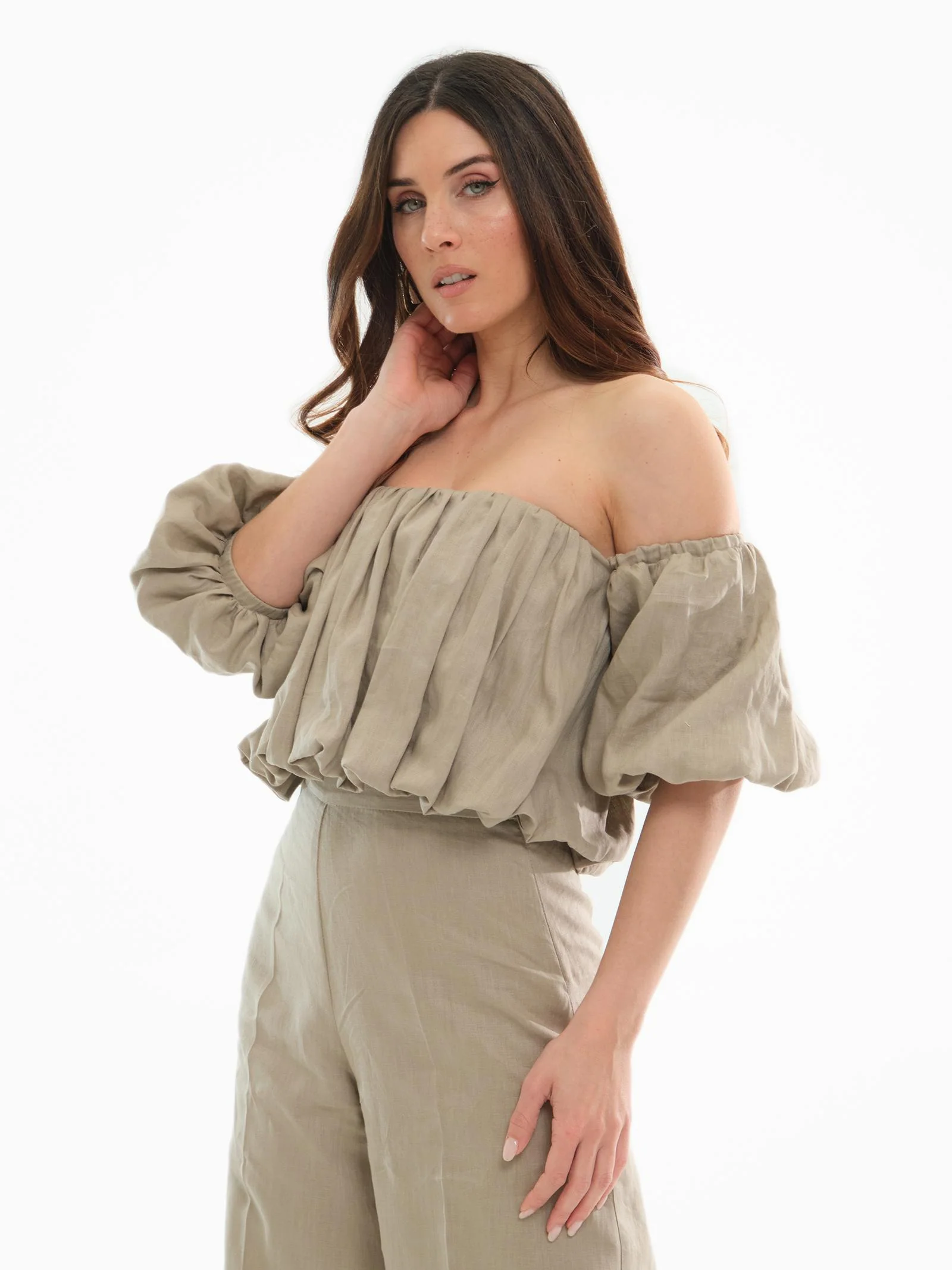 Top cropped Bohemian Vì taupe monospalla - Image 2