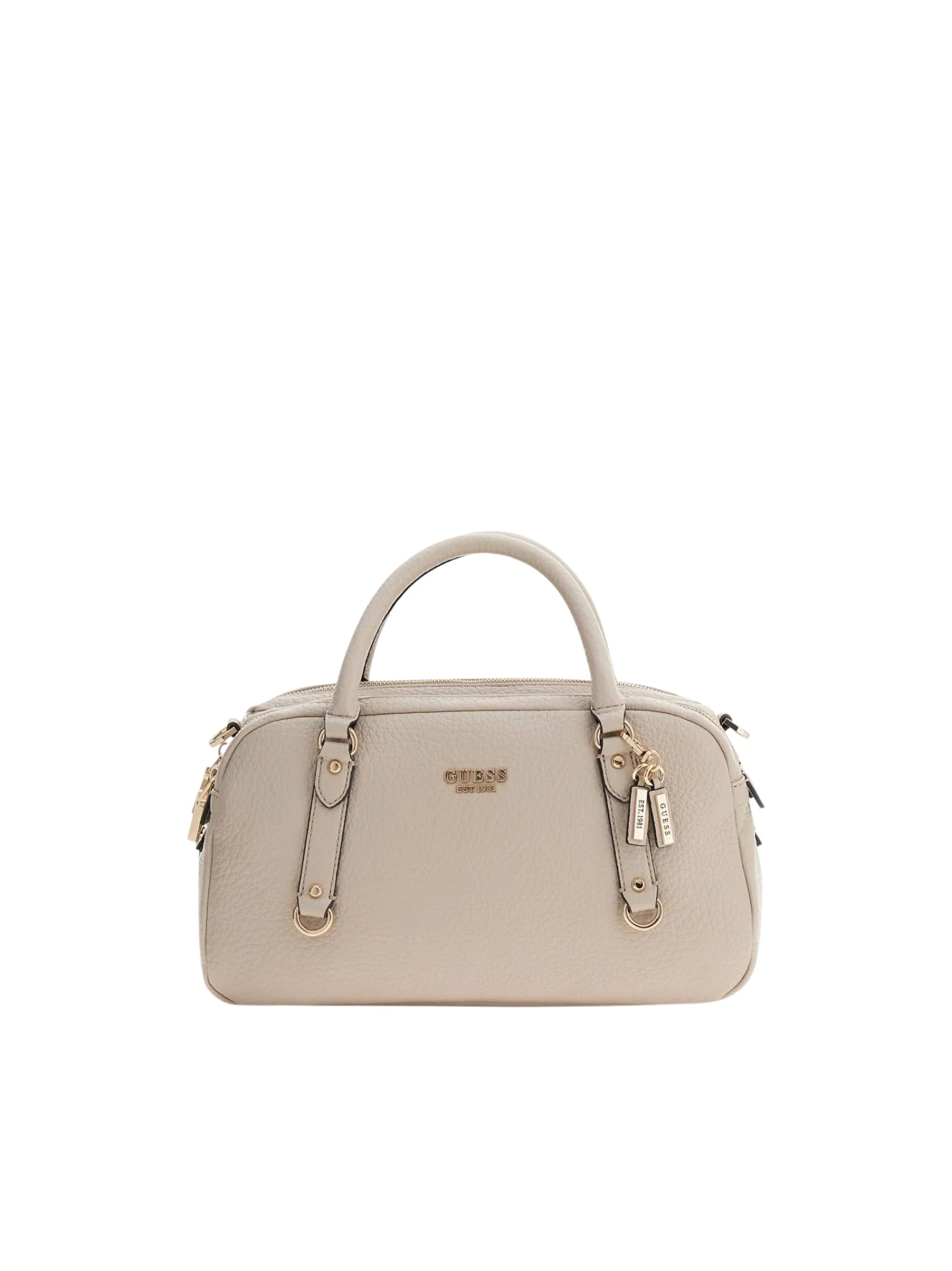 Borsa a mano Guess beige con charm e dettagli dorati