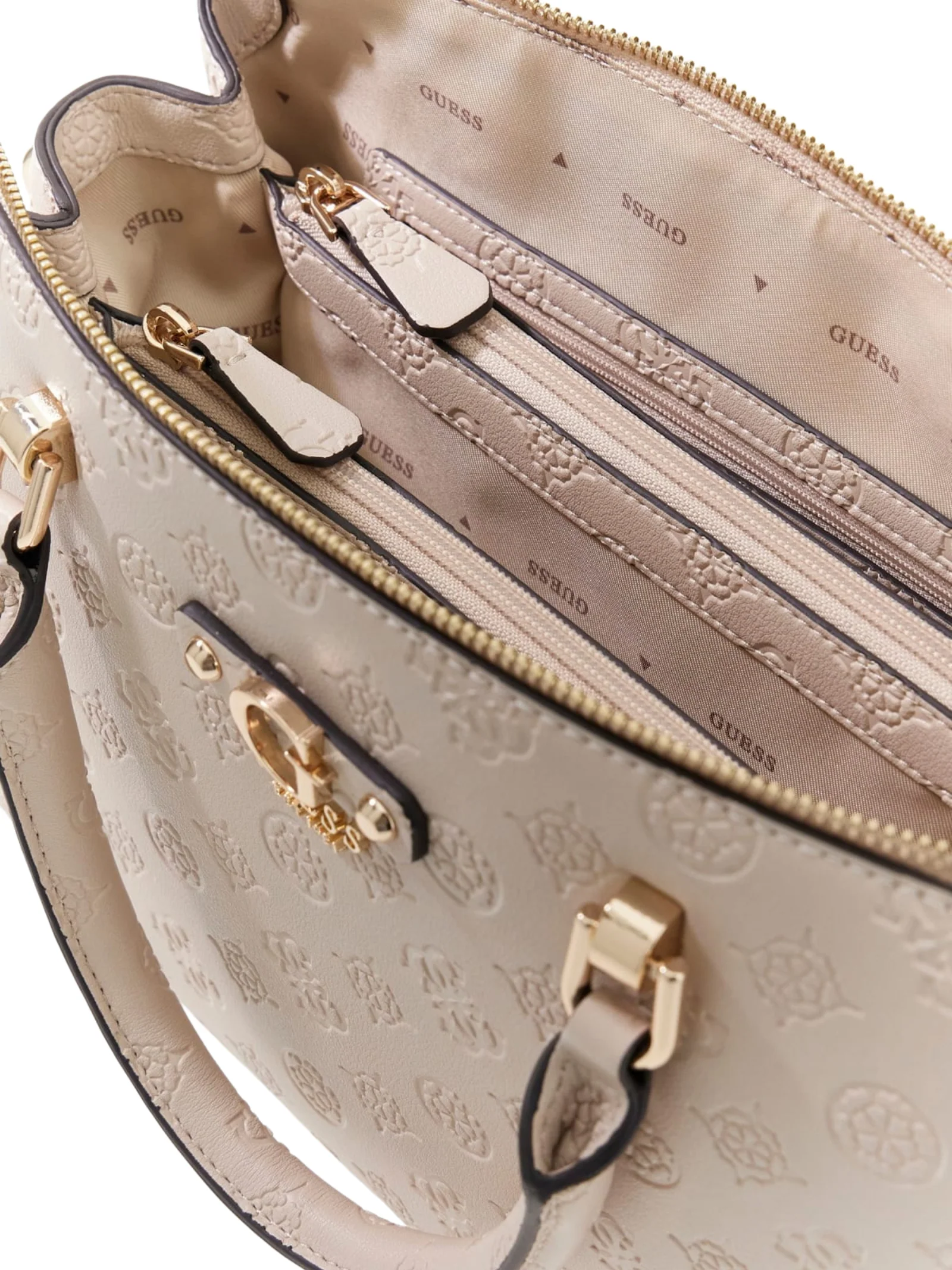 Borsa a mano Guess beige con logo all over impresso e charm pendenti - Image 3
