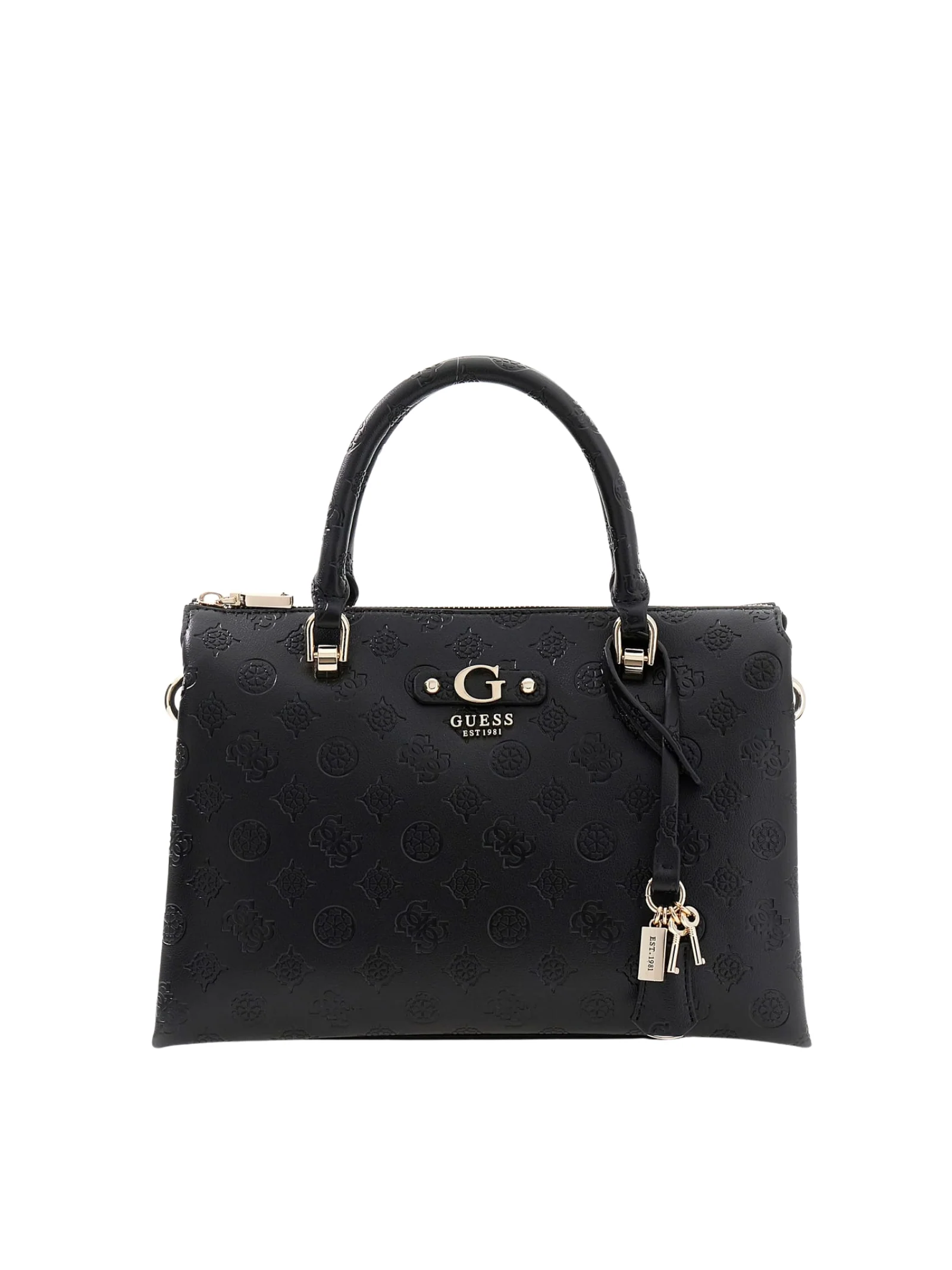 Borsa a mano Guess nera con logo all over impresso e charm pendenti